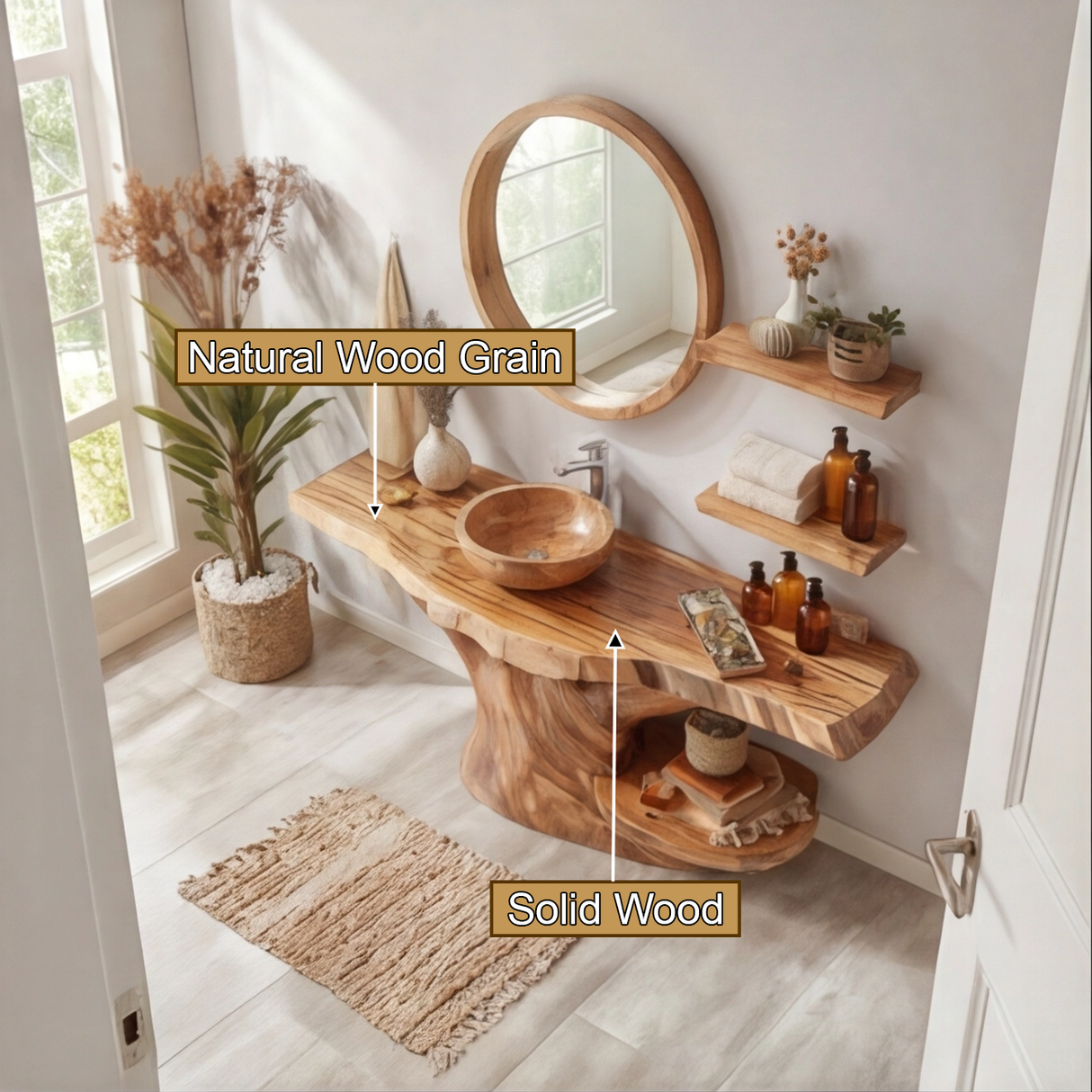 Elowen Live Edge Solid Wood Bathroom Vanity with Shelves - Timberustic Freestanding Bathroom Vanity with Shelves