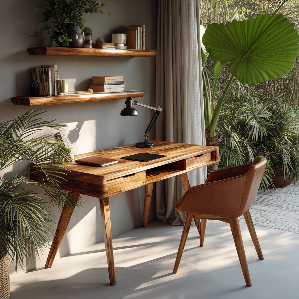 Elowen Mid-Century Artisan Finished Solid Wood Desk with Drawers