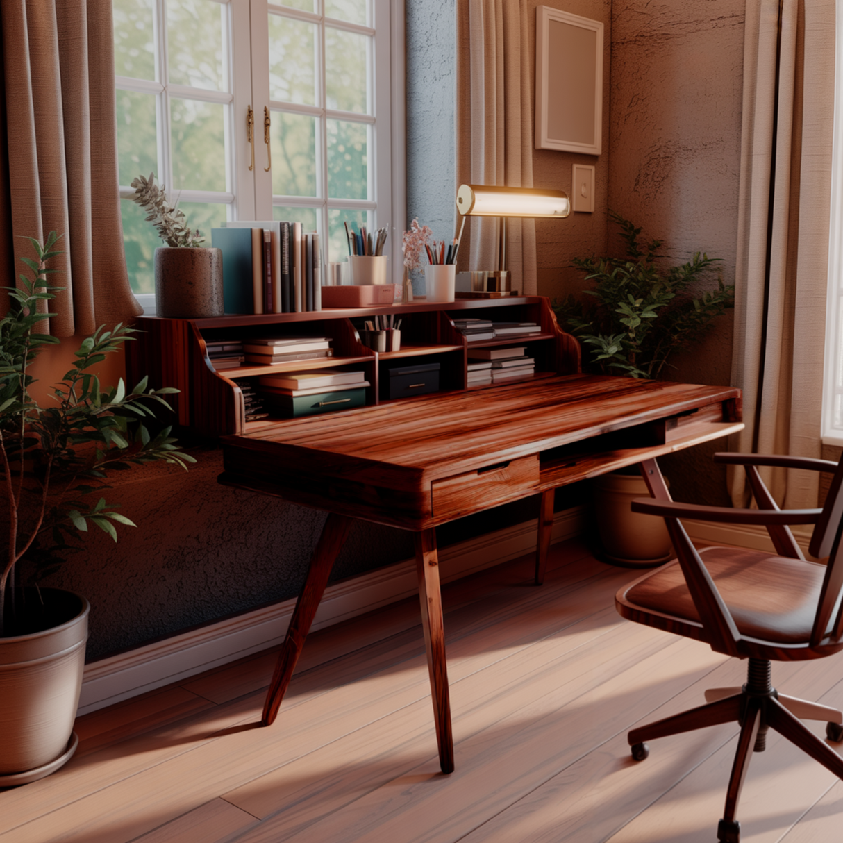 Elowen Mid-Century Artisan Finished Solid Wood Desk with Drawers