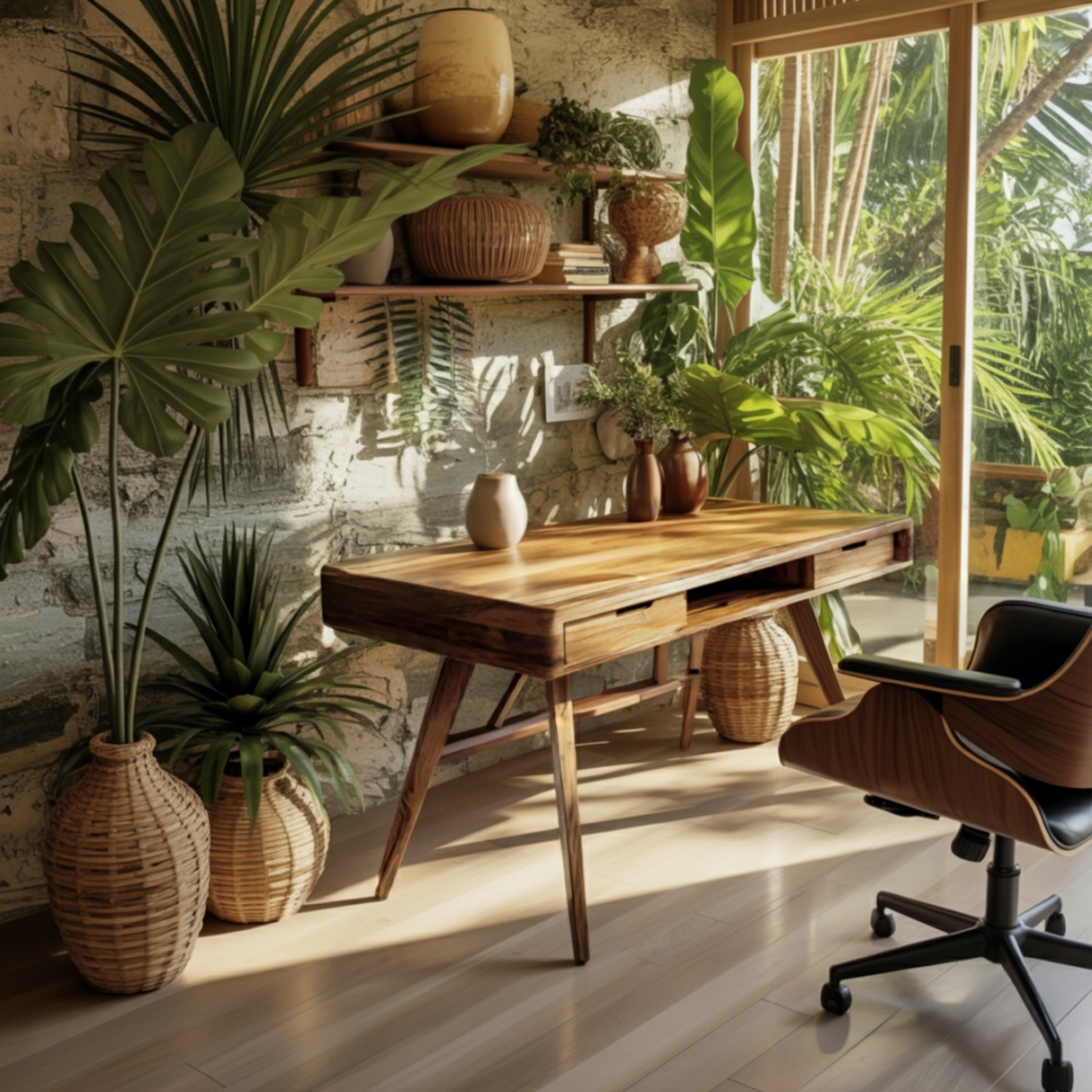 Elowen Mid-Century Artisan Finished Solid Wood Desk with Drawers