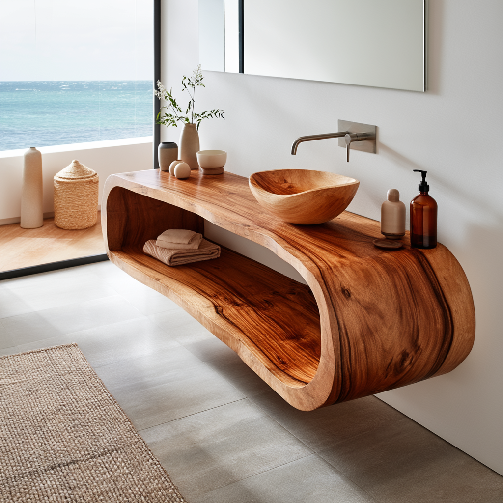 Elvaron Sculpted Solid Wood Floating Bathroom Vanity with Open Storage - Timberustic Floating Bathroom Vanity with Open Storage