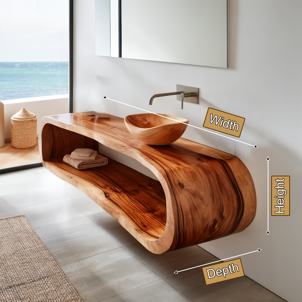 Elvaron Sculpted Solid Wood Floating Bathroom Vanity with Open Storage - Timberustic Floating Bathroom Vanity with Open Storage