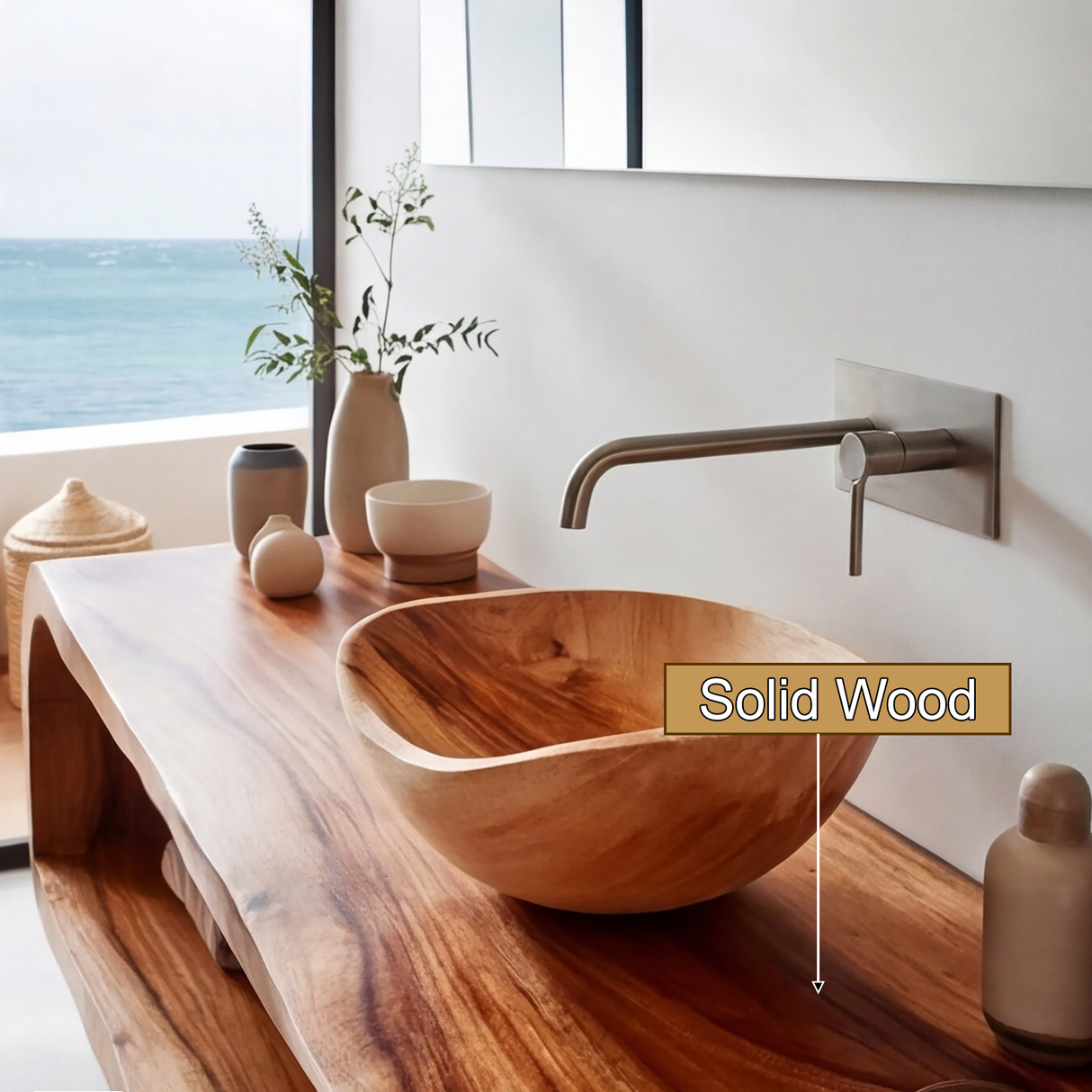 Elvaron Sculpted Solid Wood Floating Bathroom Vanity with Open Storage - Timberustic Floating Bathroom Vanity with Open Storage