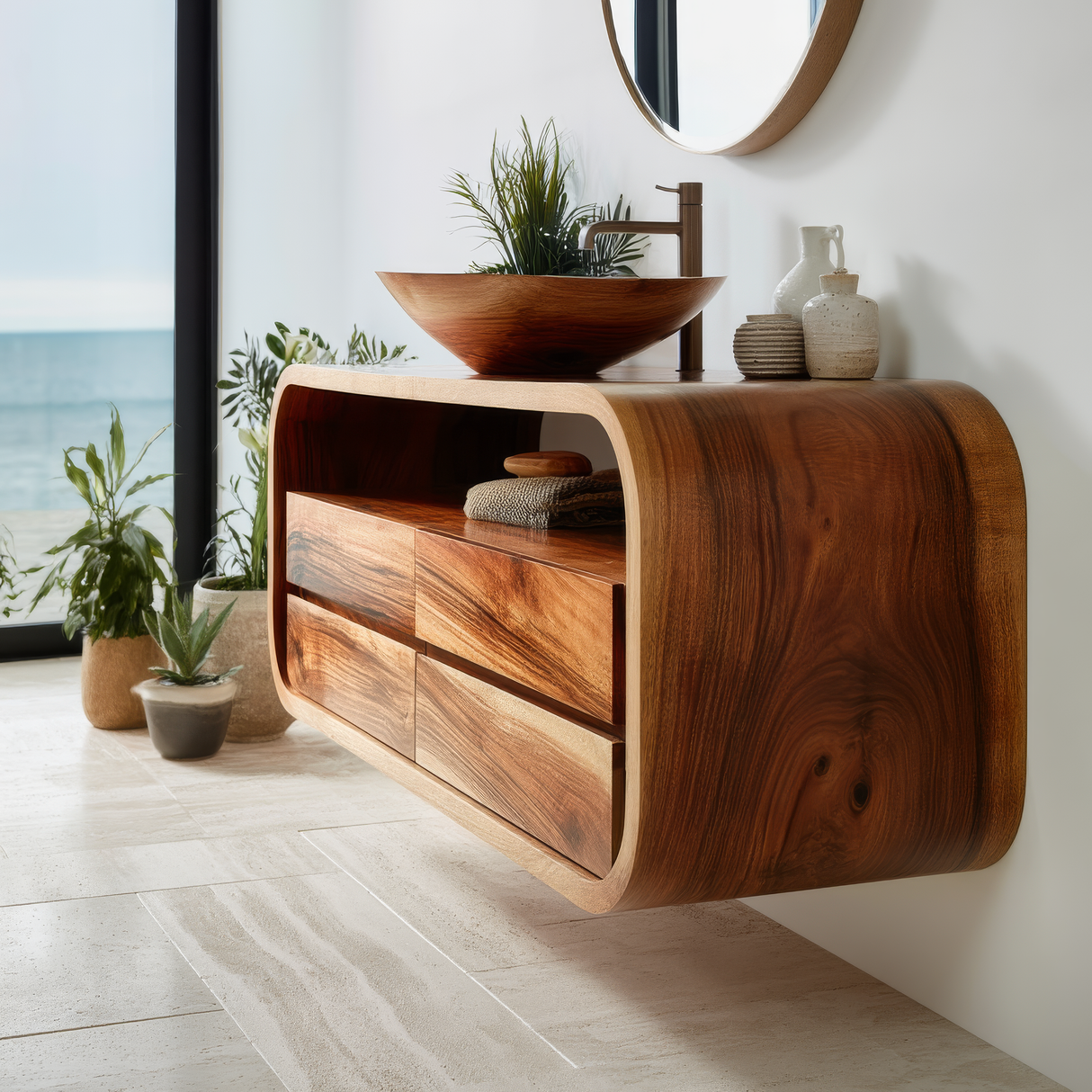 Elyron Sculpted Solid Wood Floating Bathroom Vanity with Drawers - Timberustic Floating Bathroom Vanity With Drawers