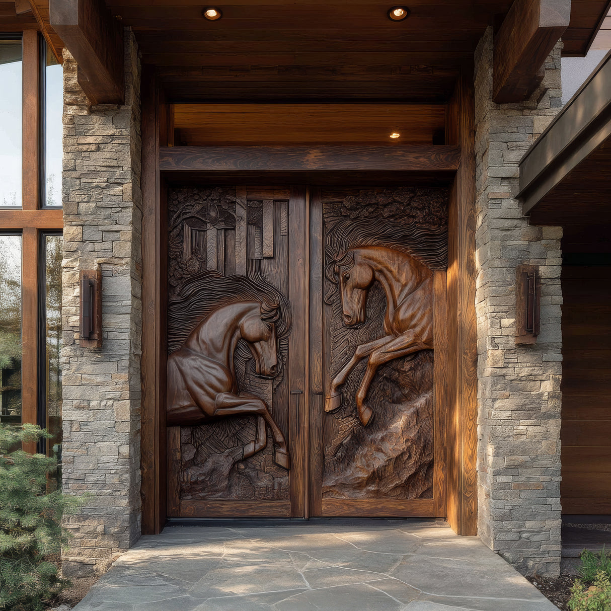 Equinar Handcrafted Solid Wood Horse Relief Double Door