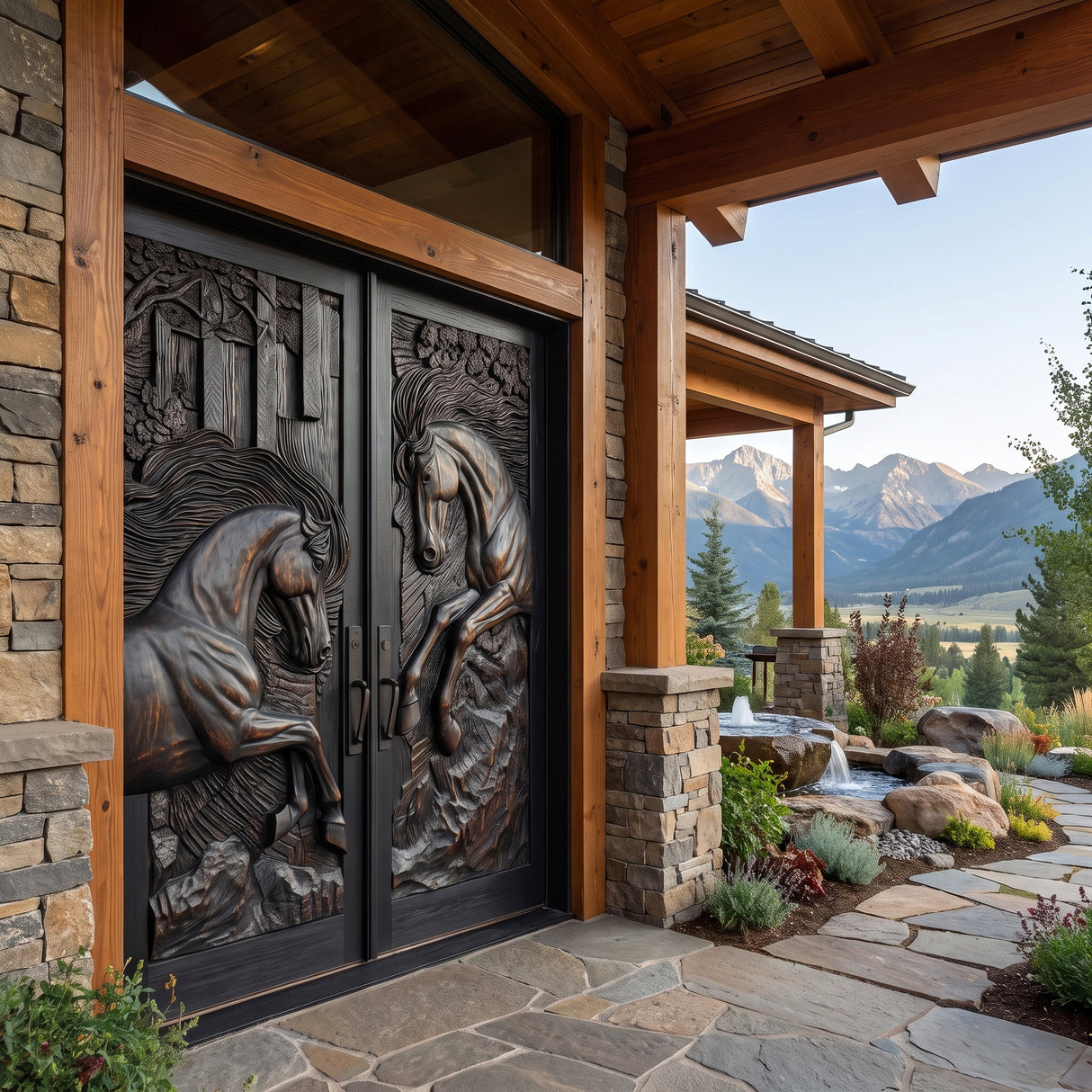 Equinar Handcrafted Solid Wood Horse Relief Double Door