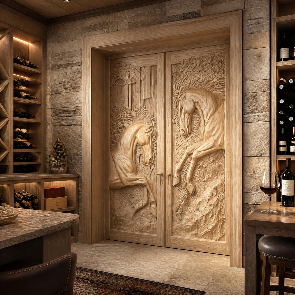 Equinar Handcrafted Solid Wood Horse Relief Double Door