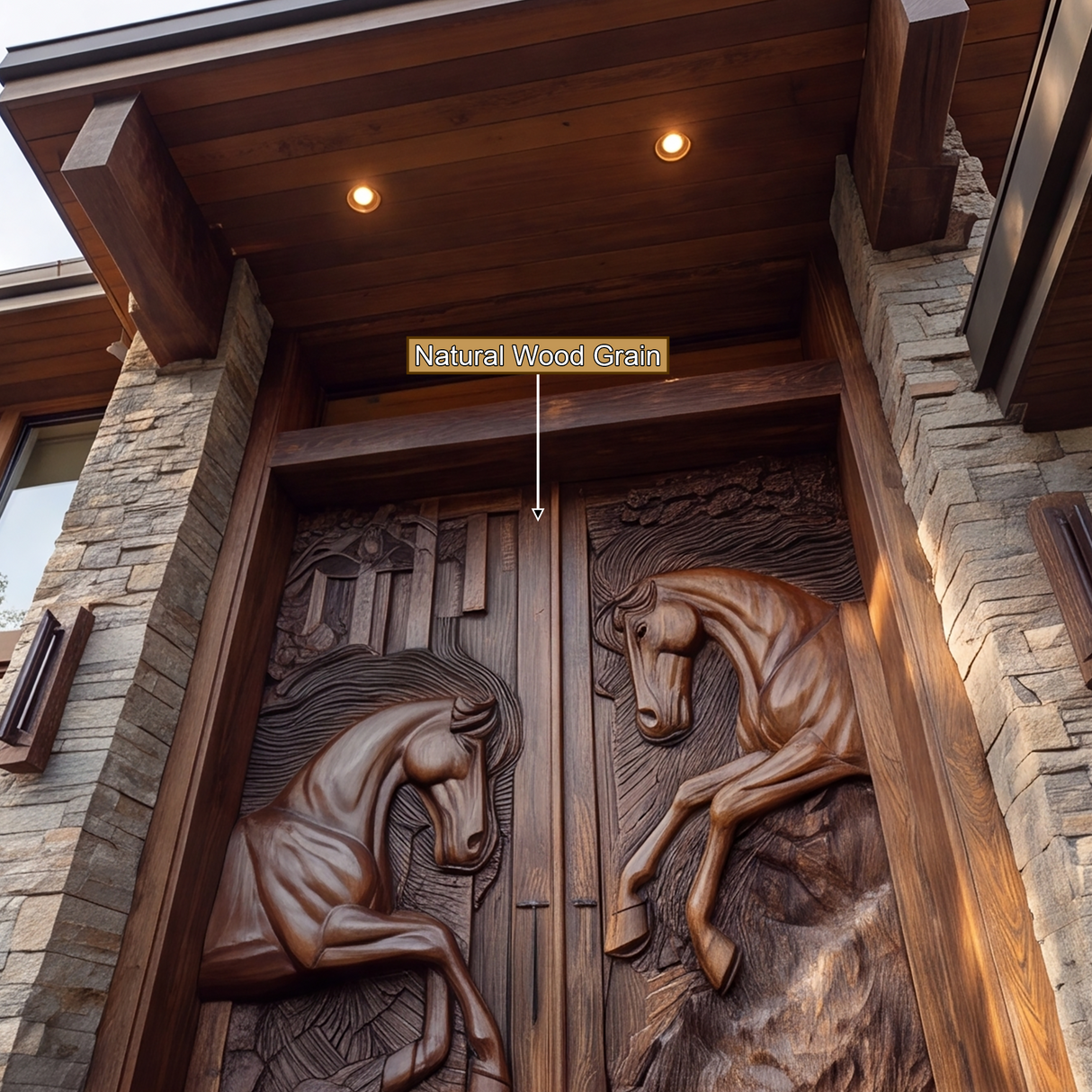 Equinar Handcrafted Solid Wood Horse Relief Double Door