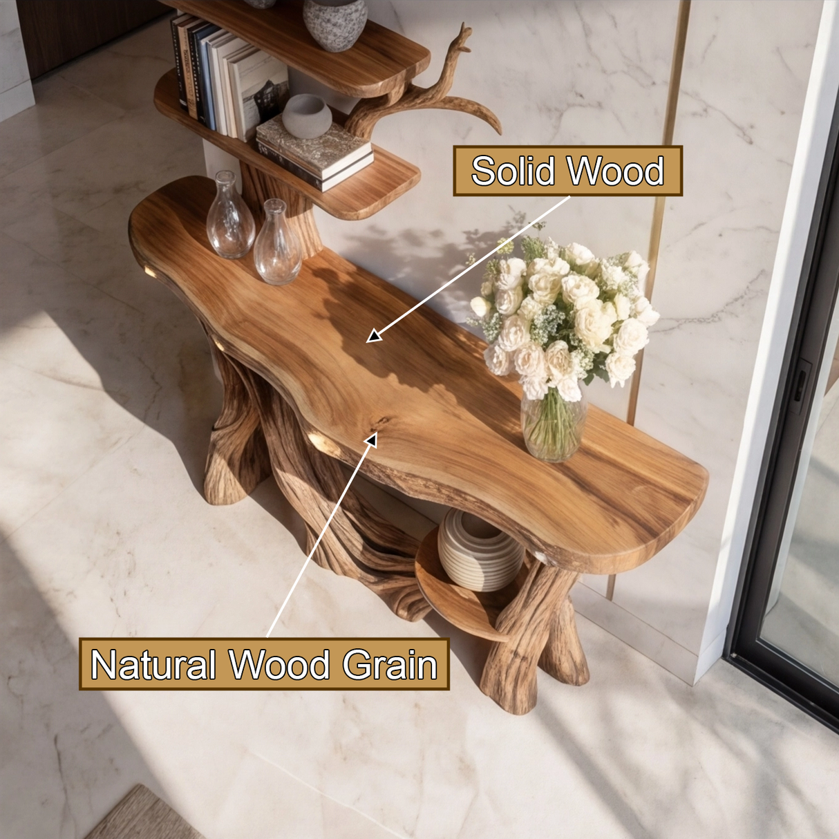 Eryndor Sculpted Solid Wood Console Table with Shelves - Timberustic Console Table with Shelves