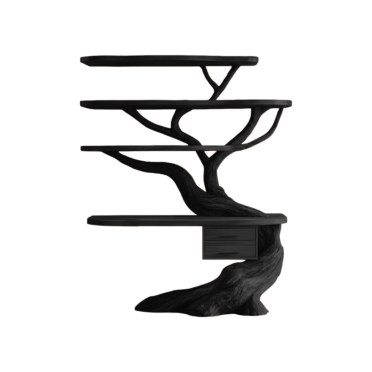 Eryndor Sculpted Solid Wood Tree Bookshelf with Drawers Black - Timberustic Tree Bookshelf