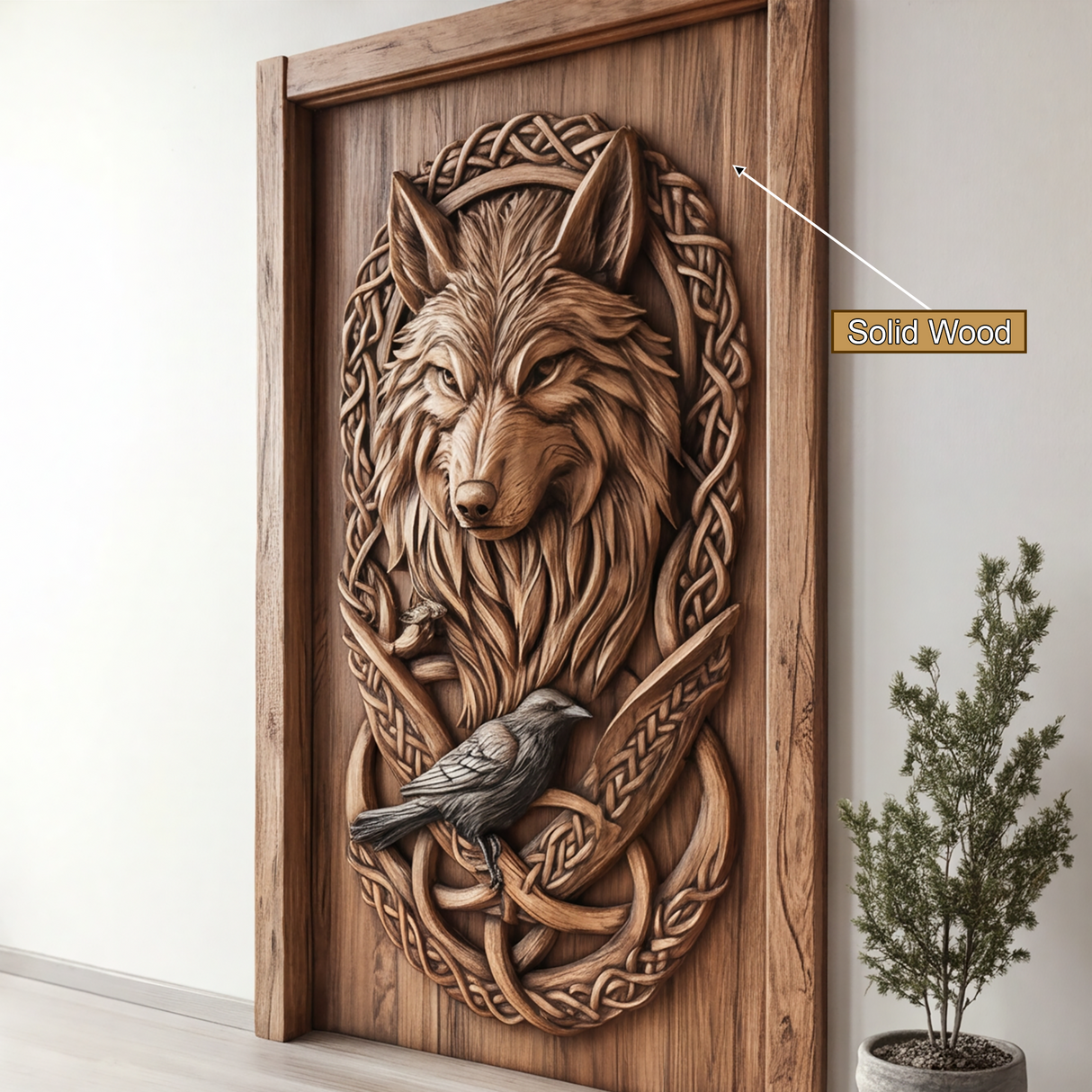 Fenrath Handcrafted Solid Wood Wolf and Raven Single Door