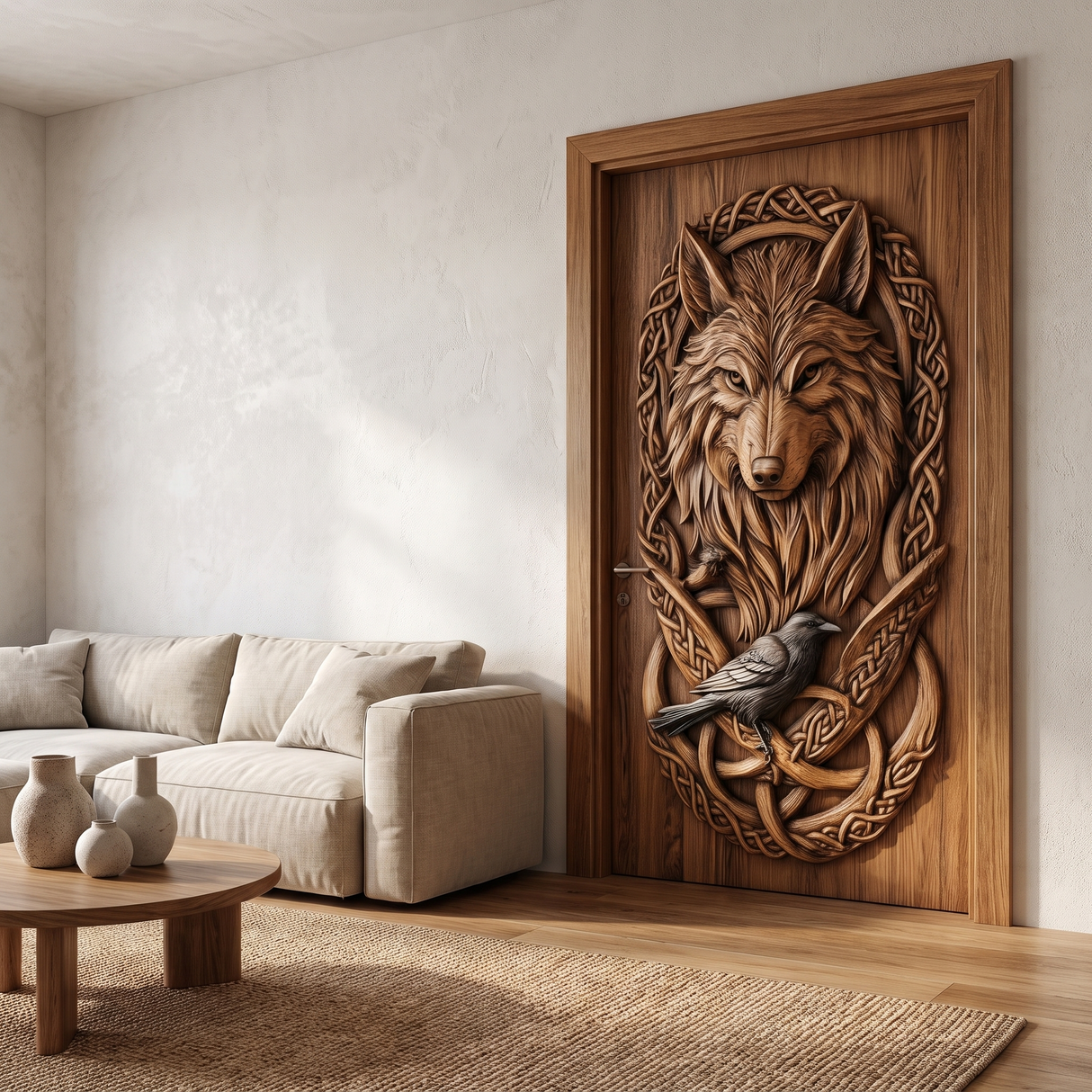 Fenrath Handcrafted Solid Wood Wolf and Raven Single Door