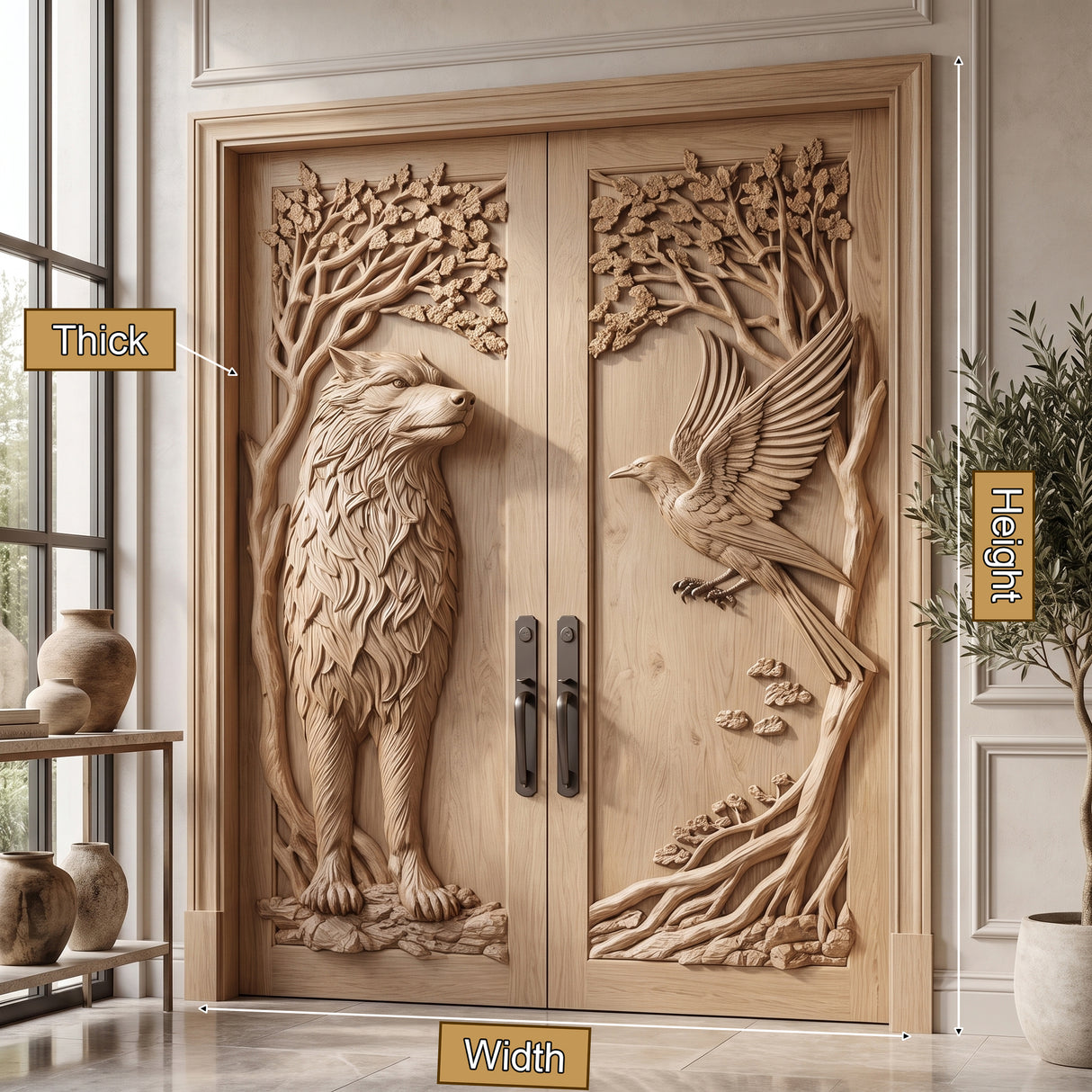 Fenroryn Handcrafted Solid Wood Wolf & Raven Double Doors