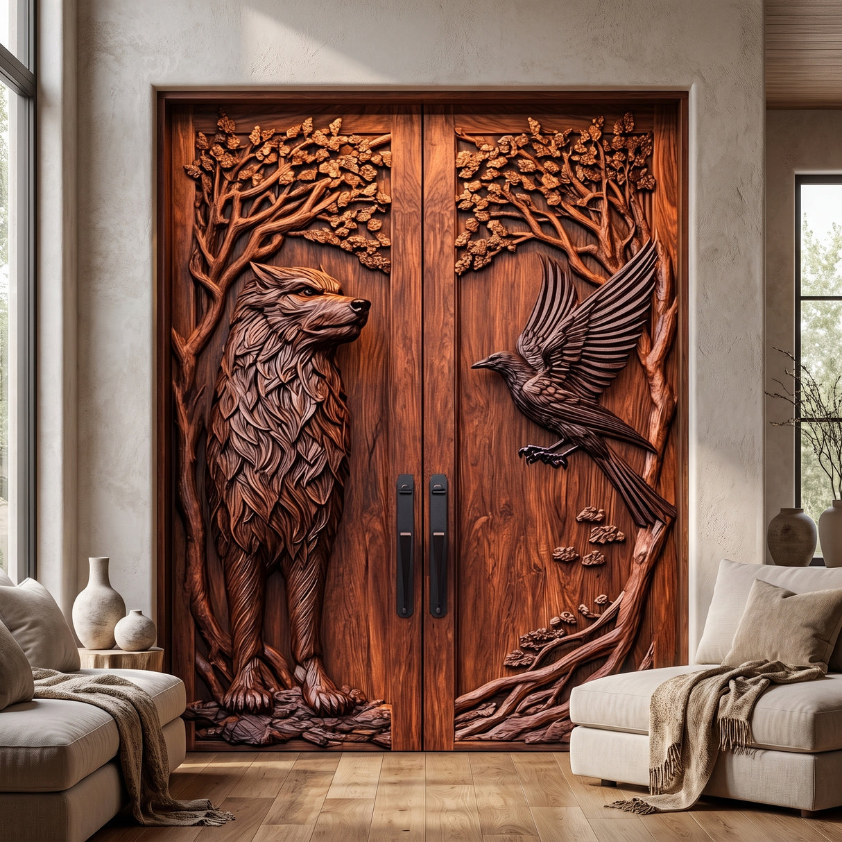 Fenroryn Handcrafted Solid Wood Wolf & Raven Double Doors