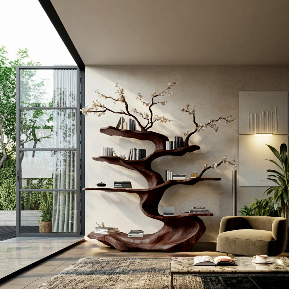Floraryn Flow Handcrafted Blossom Live Edge Tree Bookshelf - Timberustic Tree Bookshelf