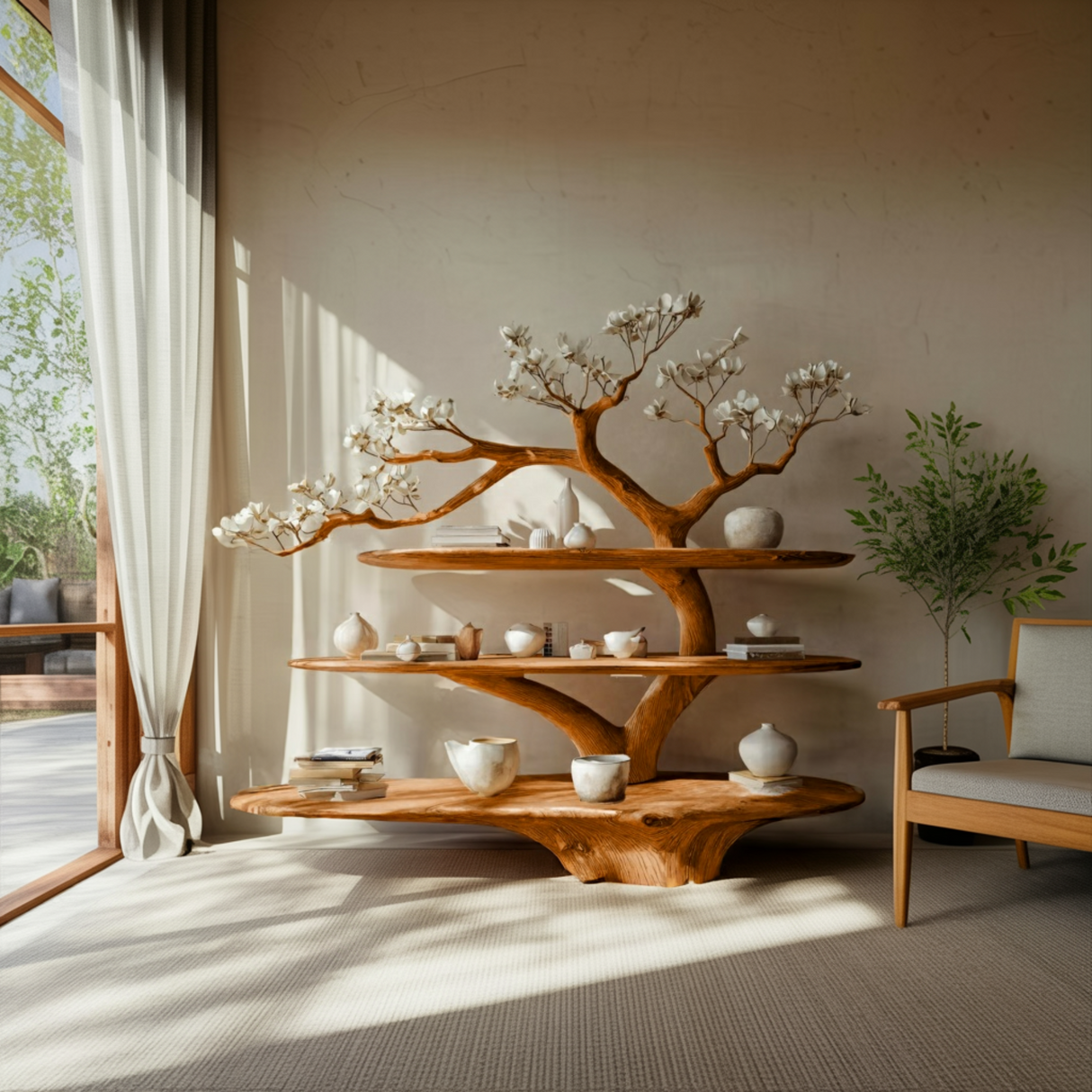Florentis Sculptural Live Edge Solid Wood Tree Bookshelf - Timberustic Tree Bookshelf