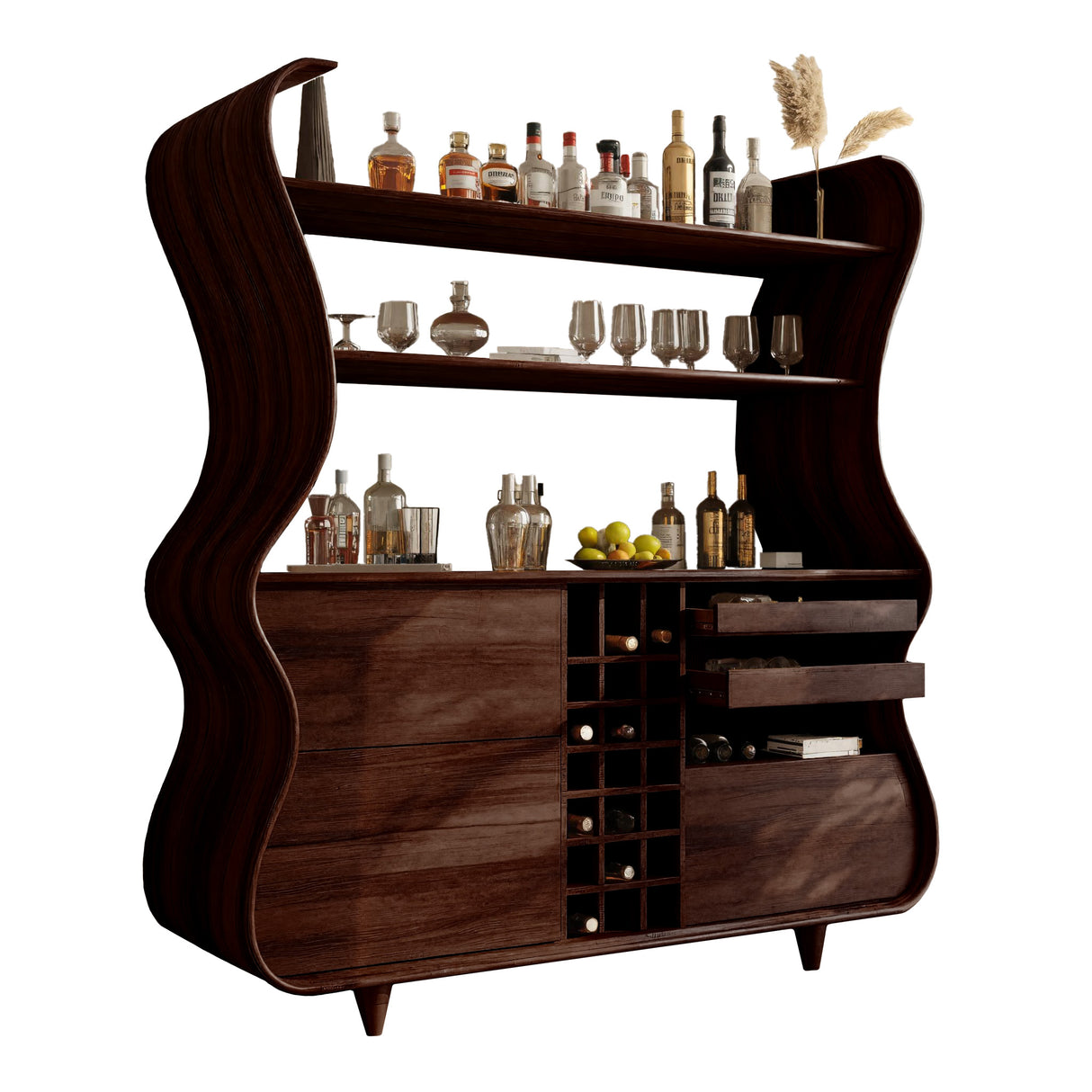 Flowcrest Sculpted Solid Wood Bar Cabinet Dark Walnut - Timberustic Bar Cabinet