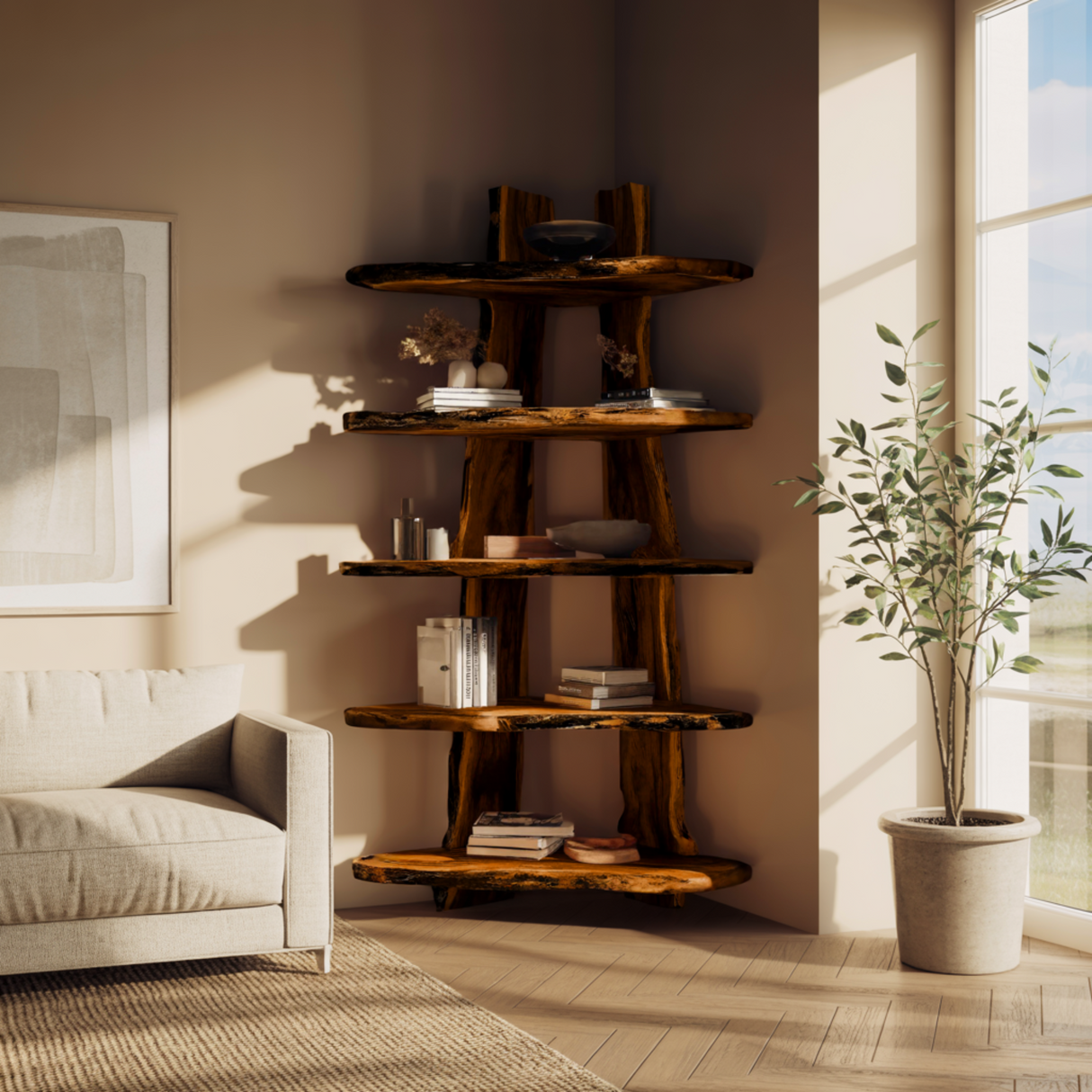 Forestline Live Edge Solid Wood Corner Bookshelf - Timberustic Bookshelf