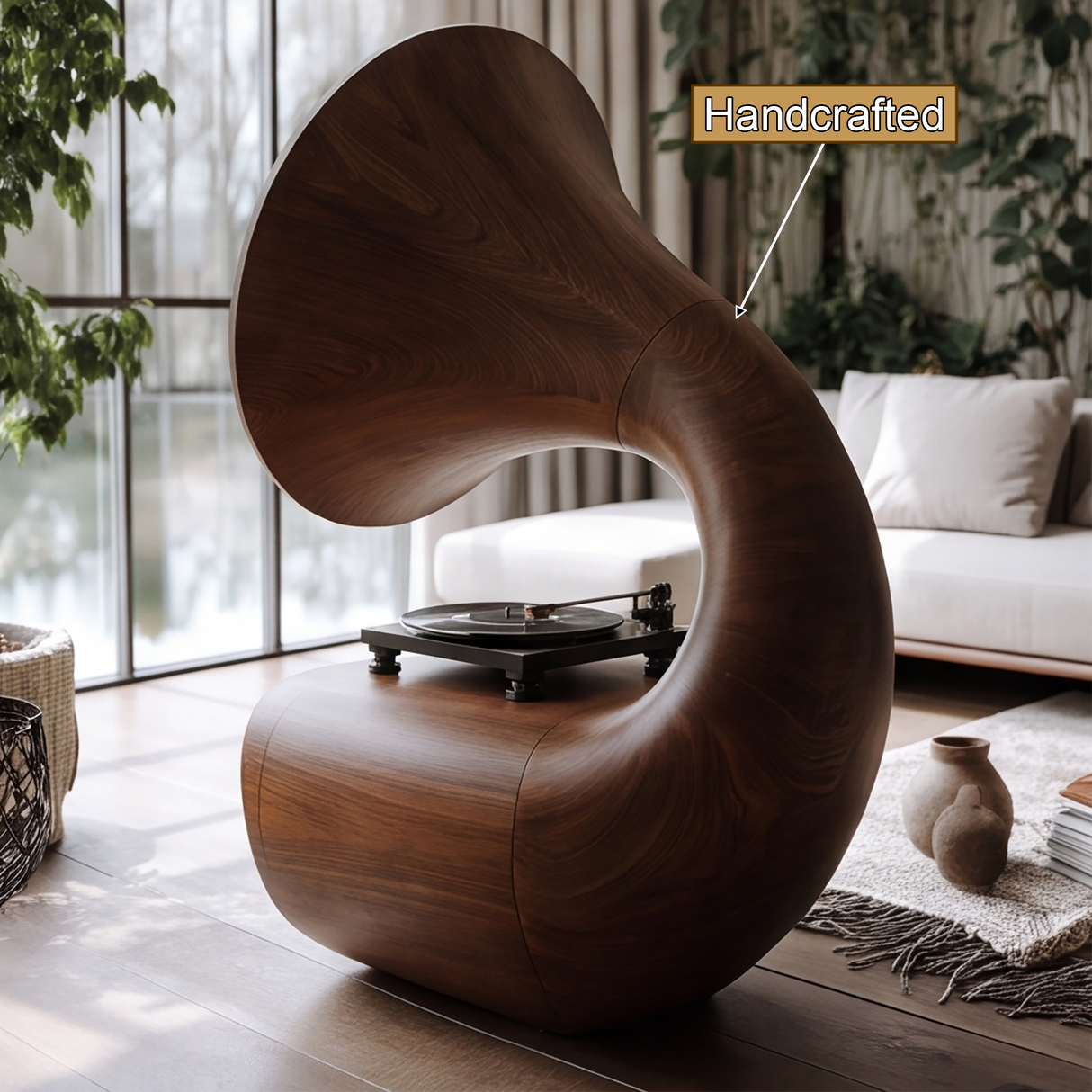 Gramora Sculpted Solid Wood Record Player Stand - Timberustic Record Player Stand With Storage