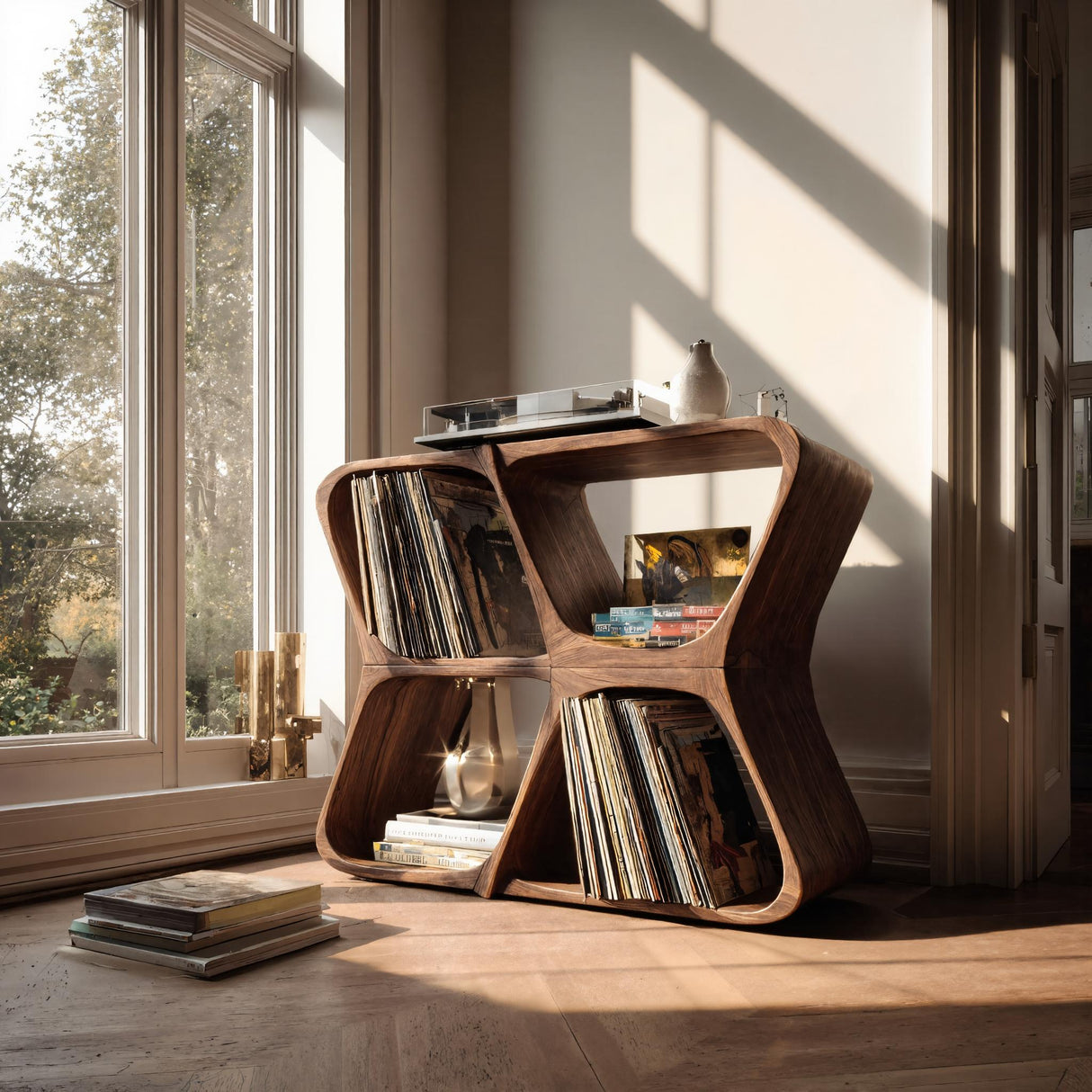 Harmona Sculpted Solid Wood Record Player Stand With Storage - Timberustic Record Player Stand With Storage