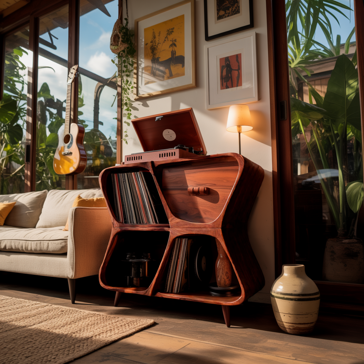 Harmona Sculpted Solid Wood Record Player Stand With Storage - Timberustic Record Player Stand With Storage
