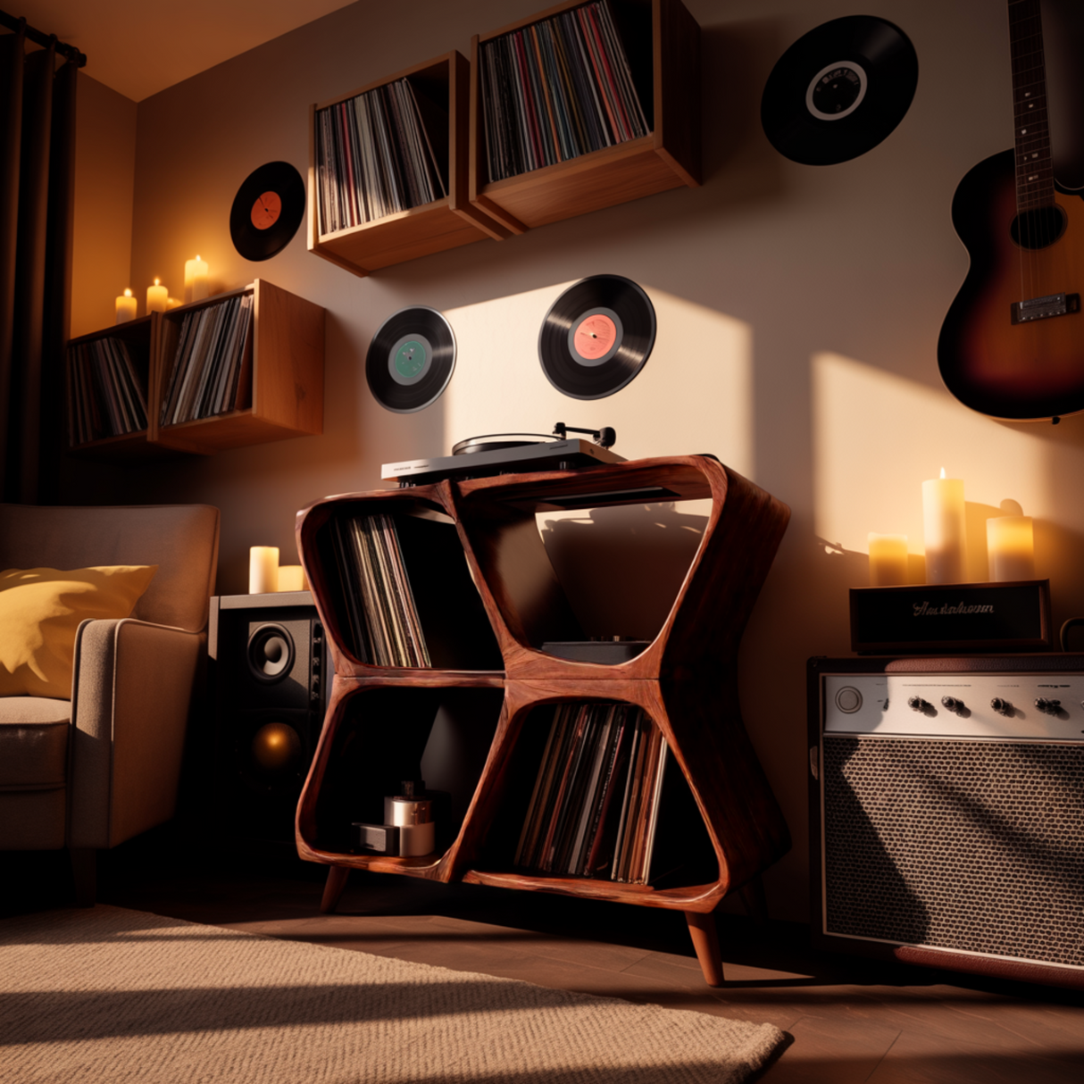 Harmona Sculpted Solid Wood Record Player Stand With Storage - Timberustic Record Player Stand With Storage
