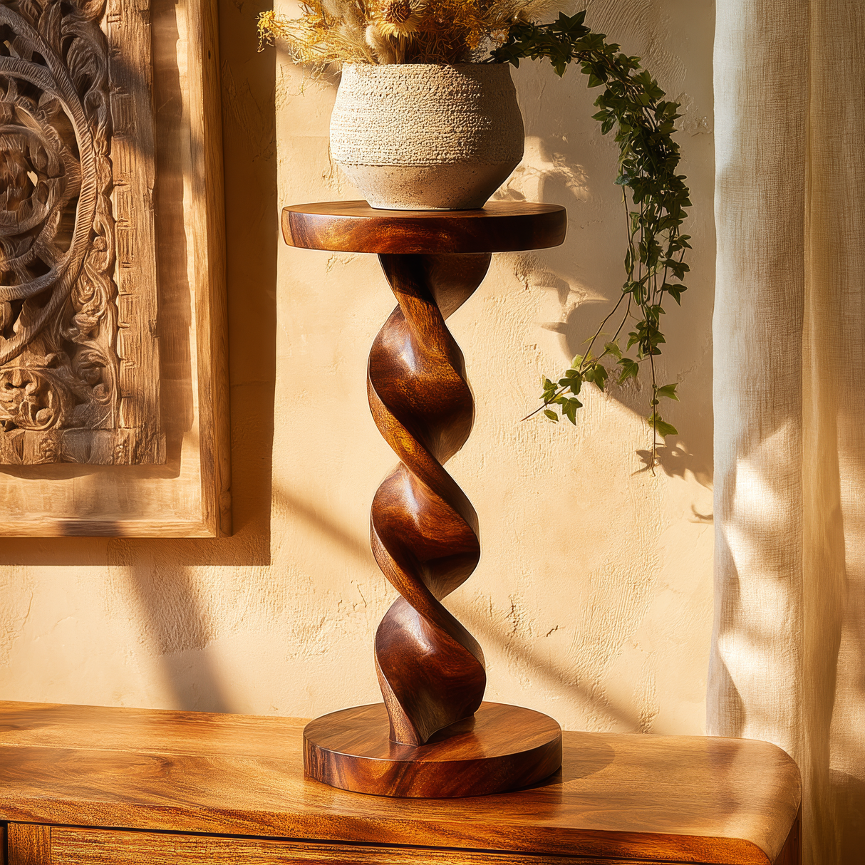 Heliora Twisted Solid Wood Pedestal Stand - Timberustic Pedestal Stand