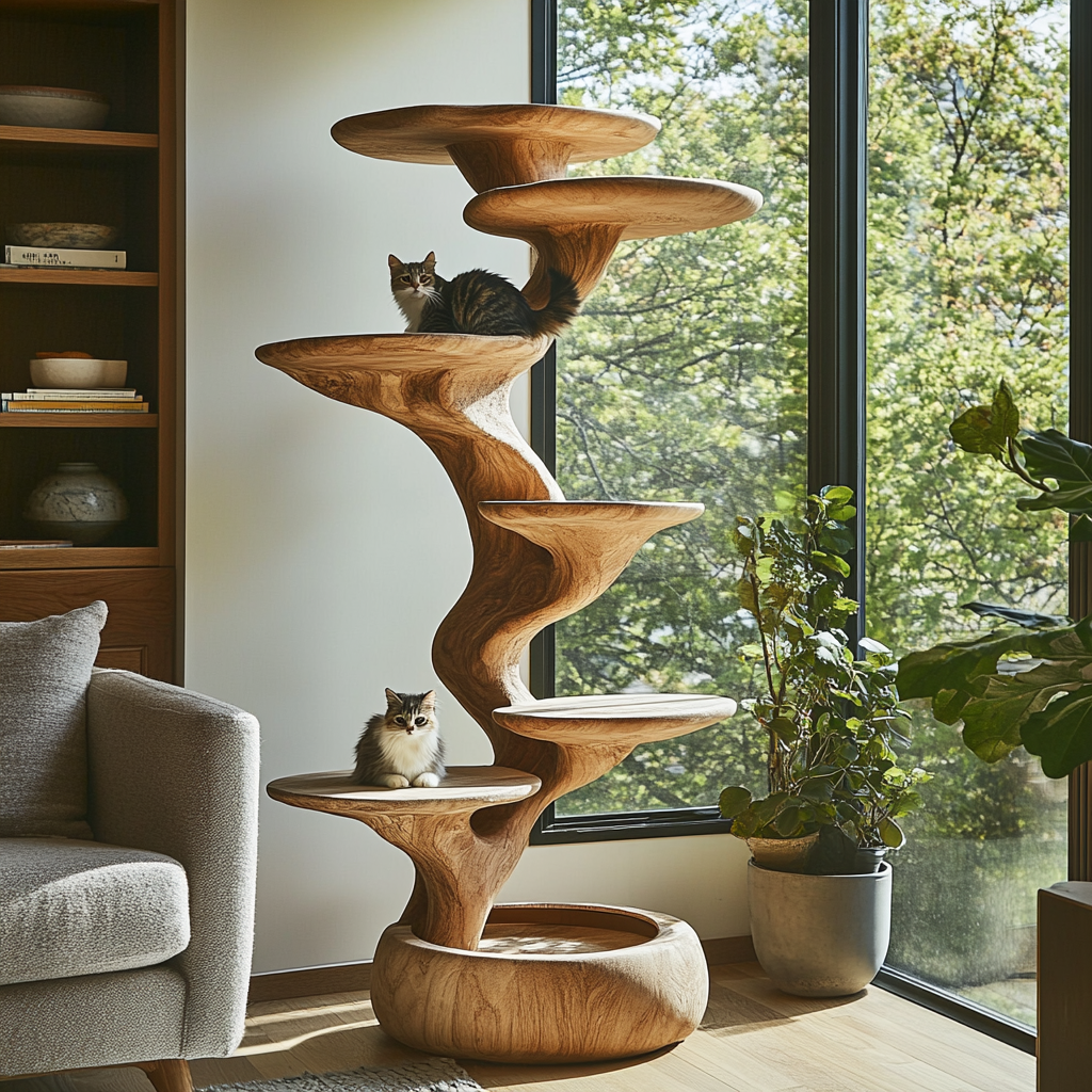 Helix Sculpted Solid Wood Tree-Inspired Cat Tree Shelf - Timberustic Tree-Inspired Cat Tree Shelf