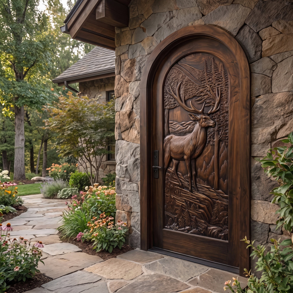 Highcrest Handcrafted Solid Wood Deer Landscape Arched Single Door