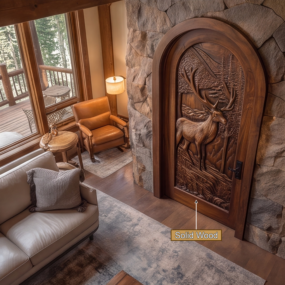 Highcrest Handcrafted Solid Wood Deer Landscape Arched Single Door