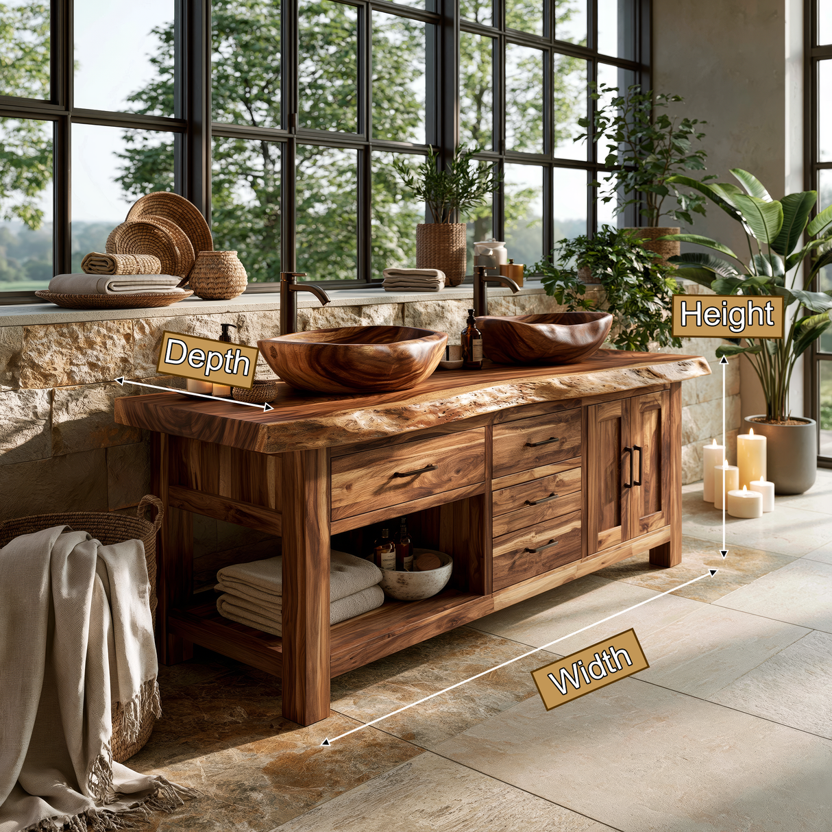 Ironwood Crest Live Edge Solid Wood Freestanding Bathroom Vanity With Cabinet