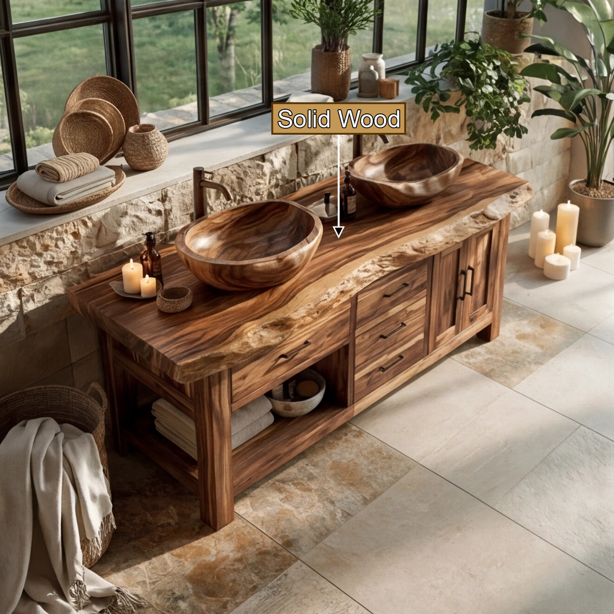 Ironwood Crest Live Edge Solid Wood Freestanding Bathroom Vanity With Cabinet