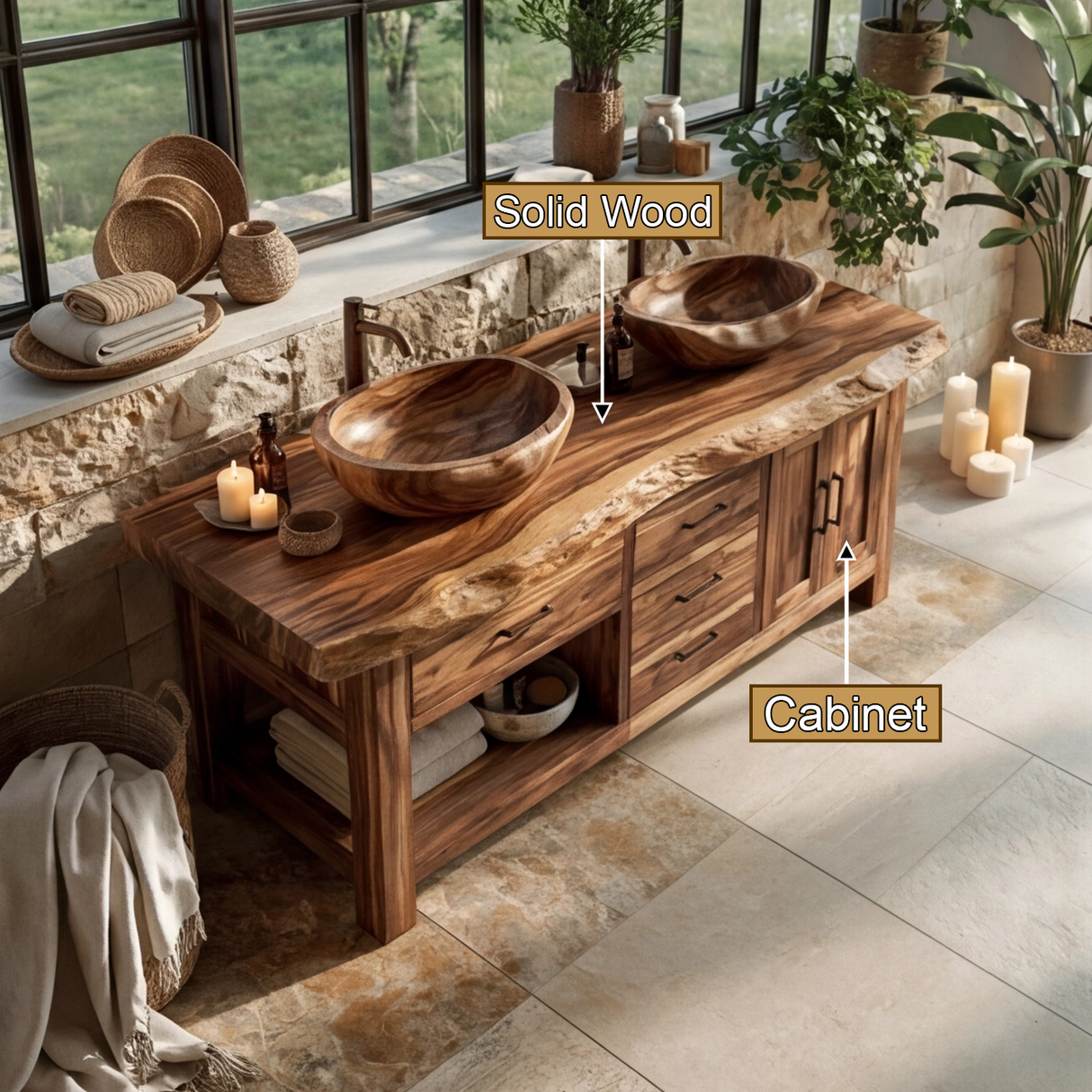 Ironwood Crest Live Edge Solid Wood Freestanding Bathroom Vanity With Cabinet