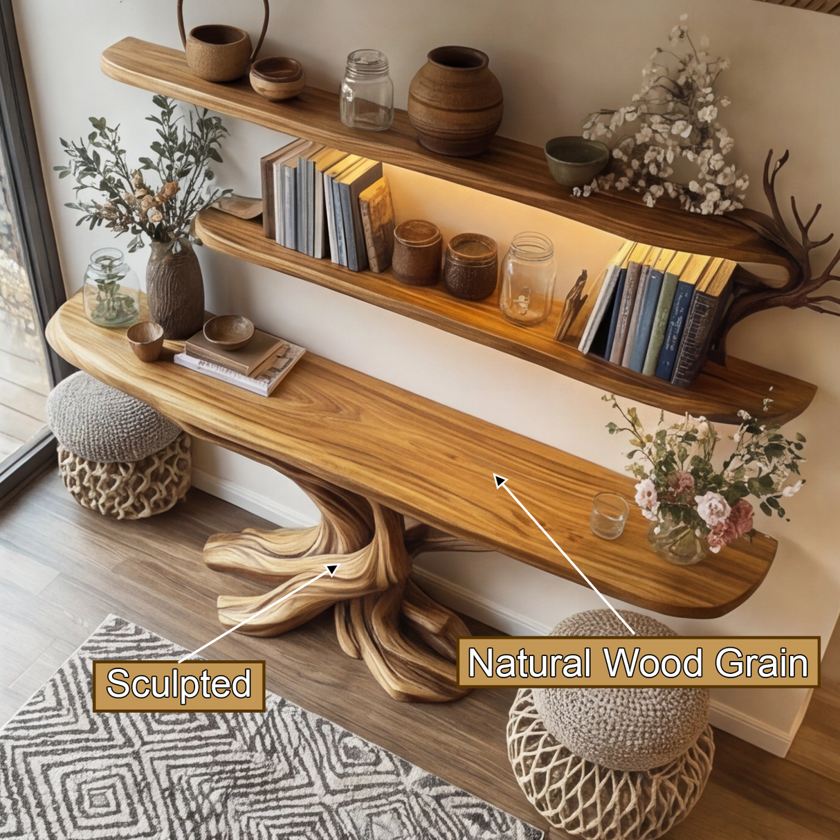Kaelorin Live Edge Solid Wood Console Table with Shelves - Timberustic Console Table with Shelves