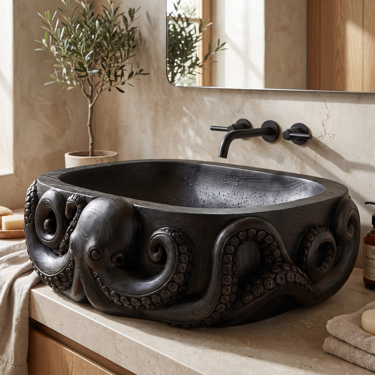 Krakora Handcrafted Solid Wood Octopus Vessel Sink