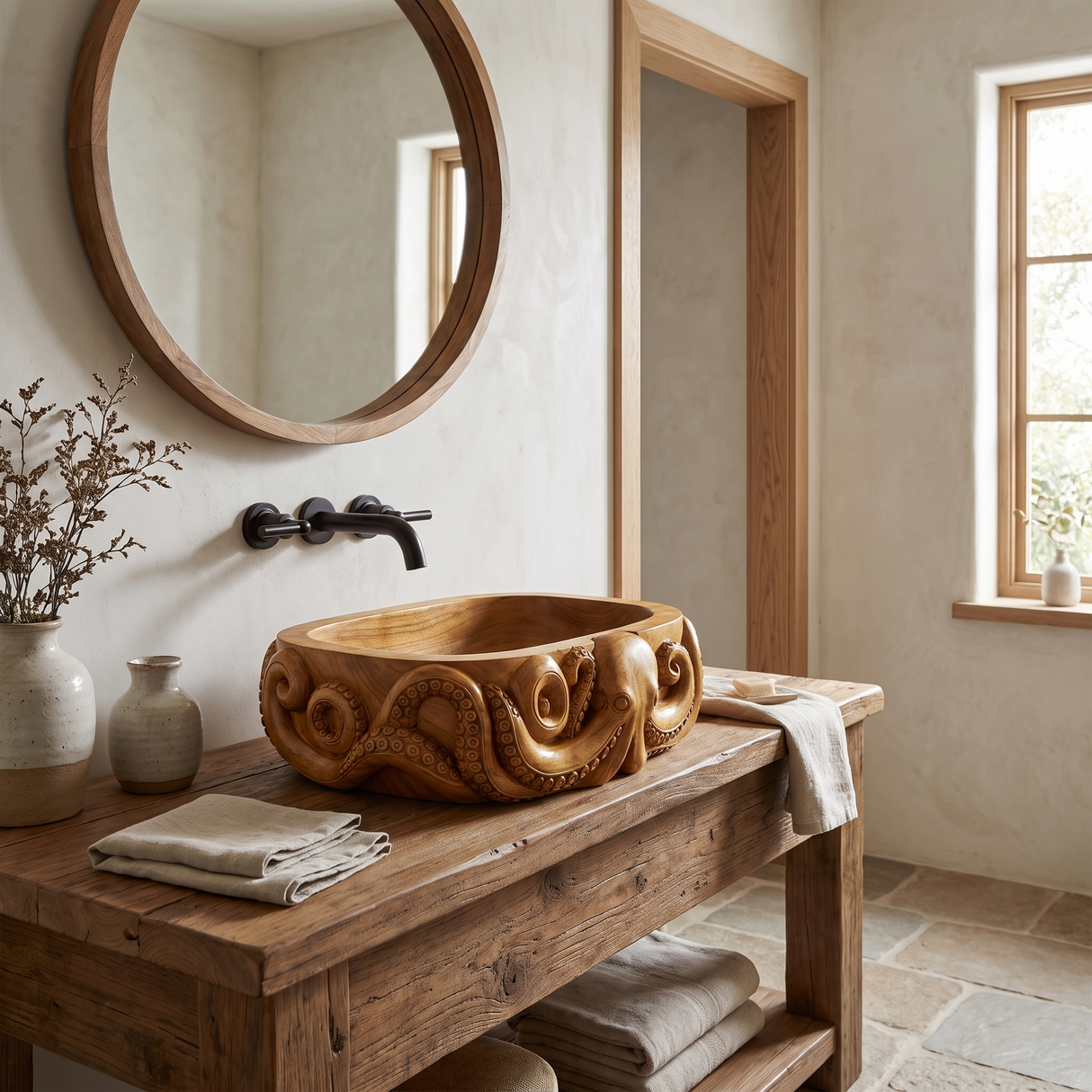 Krakora Handcrafted Solid Wood Octopus Vessel Sink