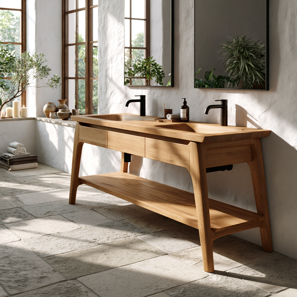 Lioren Handcrafted Solid Wood Freestanding Bathroom Vanity with Integrated Sinks and Drawers