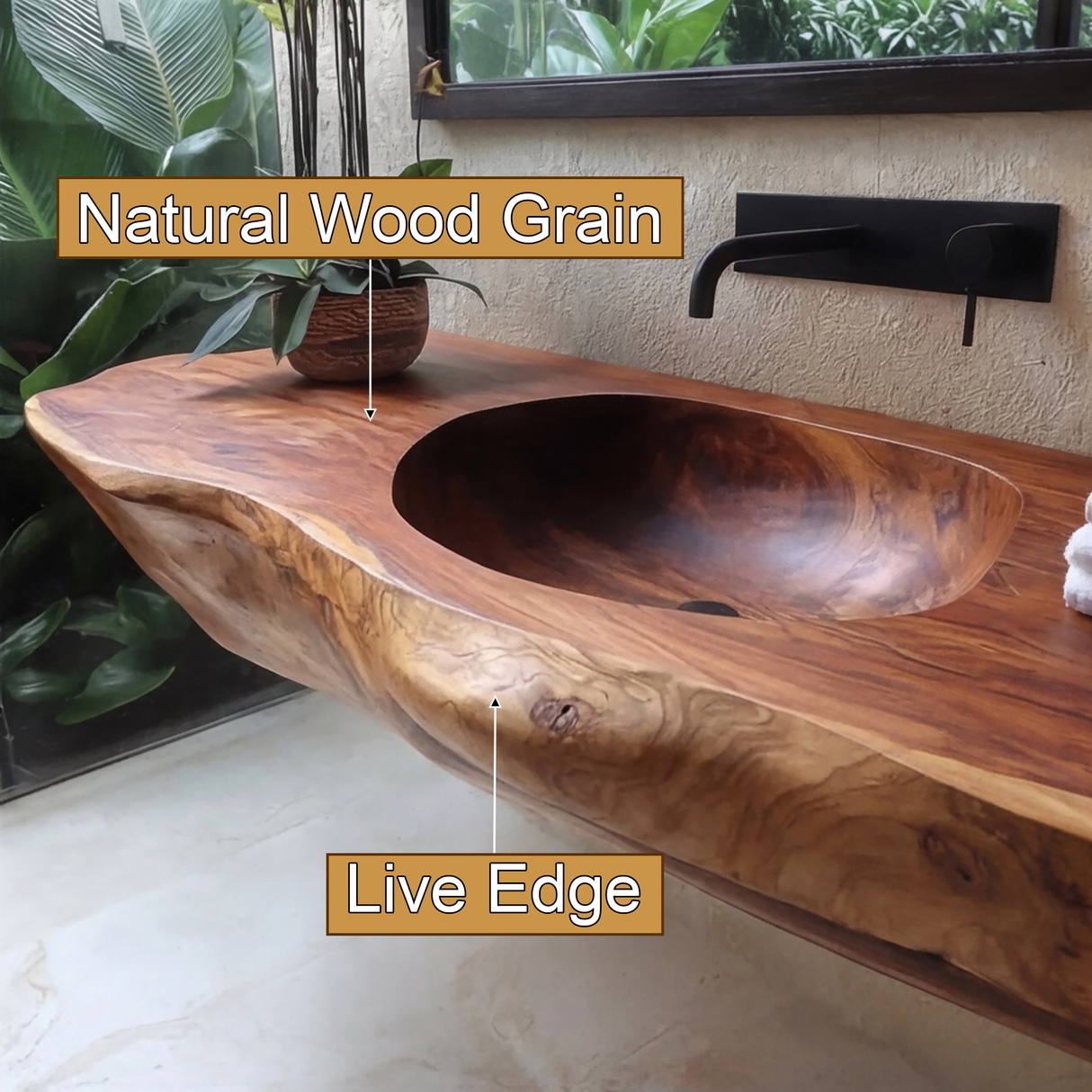 Lorvane Sculpted Live Edge Solid Wood Floating Bathroom Vanity with Integrated Sink - Timberustic Floating Bathroom Vanity with Integrated Sink