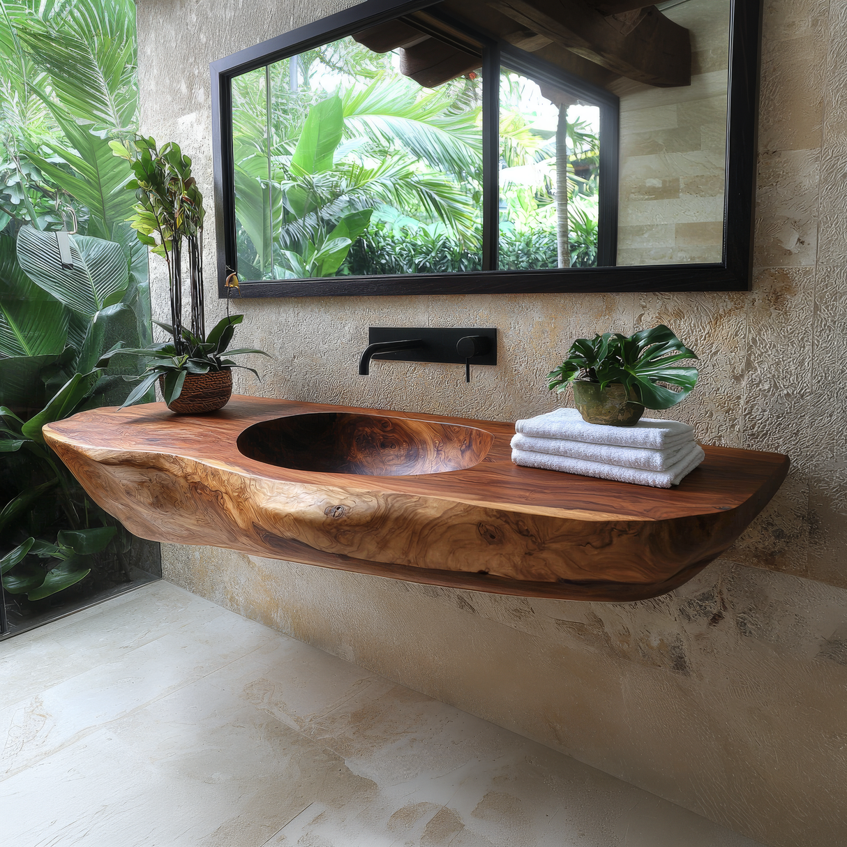 Lorvane Sculpted Live Edge Solid Wood Floating Bathroom Vanity with Integrated Sink - Timberustic Floating Bathroom Vanity with Integrated Sink