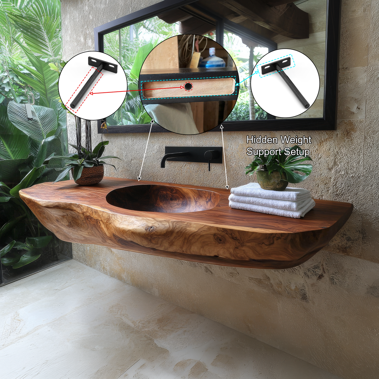 Lorvane Sculpted Live Edge Solid Wood Floating Bathroom Vanity with Integrated Sink - Timberustic Floating Bathroom Vanity with Integrated Sink