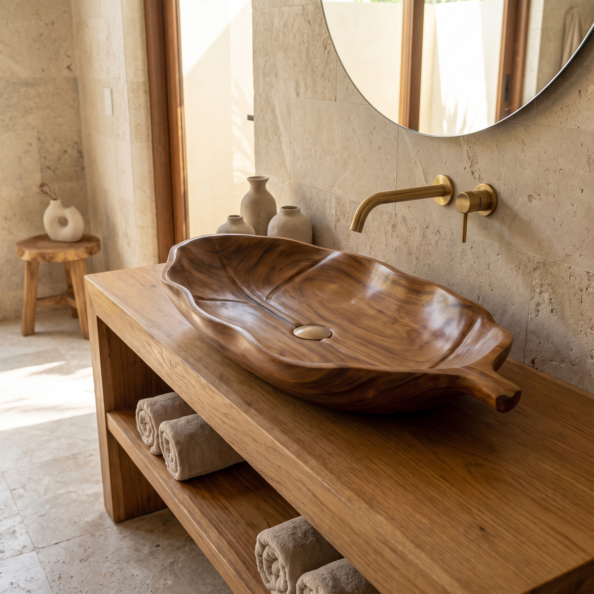 Lunara Handcrafted Solid Wood Leaf Vessel Sink