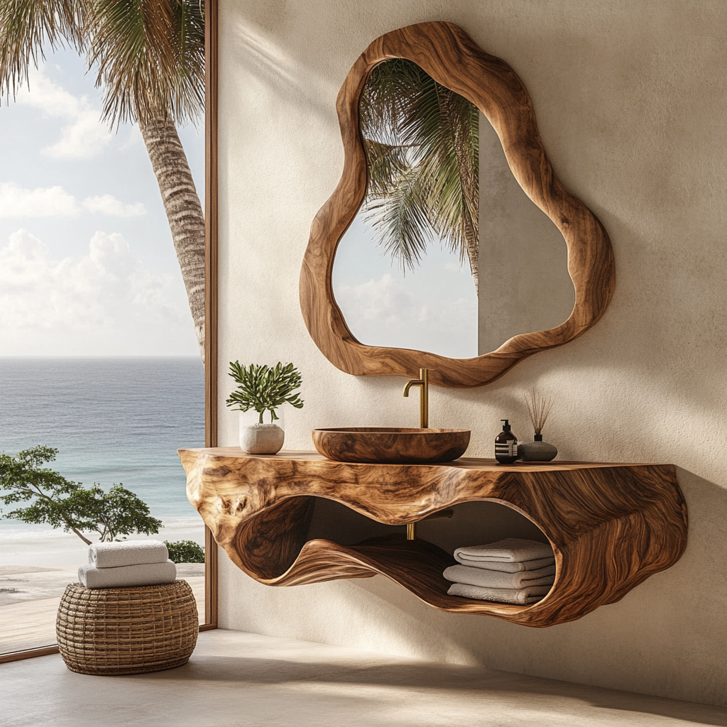 Lunara Sculpted Solid Wood Floating Bathroom Vanity with Open Storage - Timberustic Floating Bathroom Vanity with Open Storage