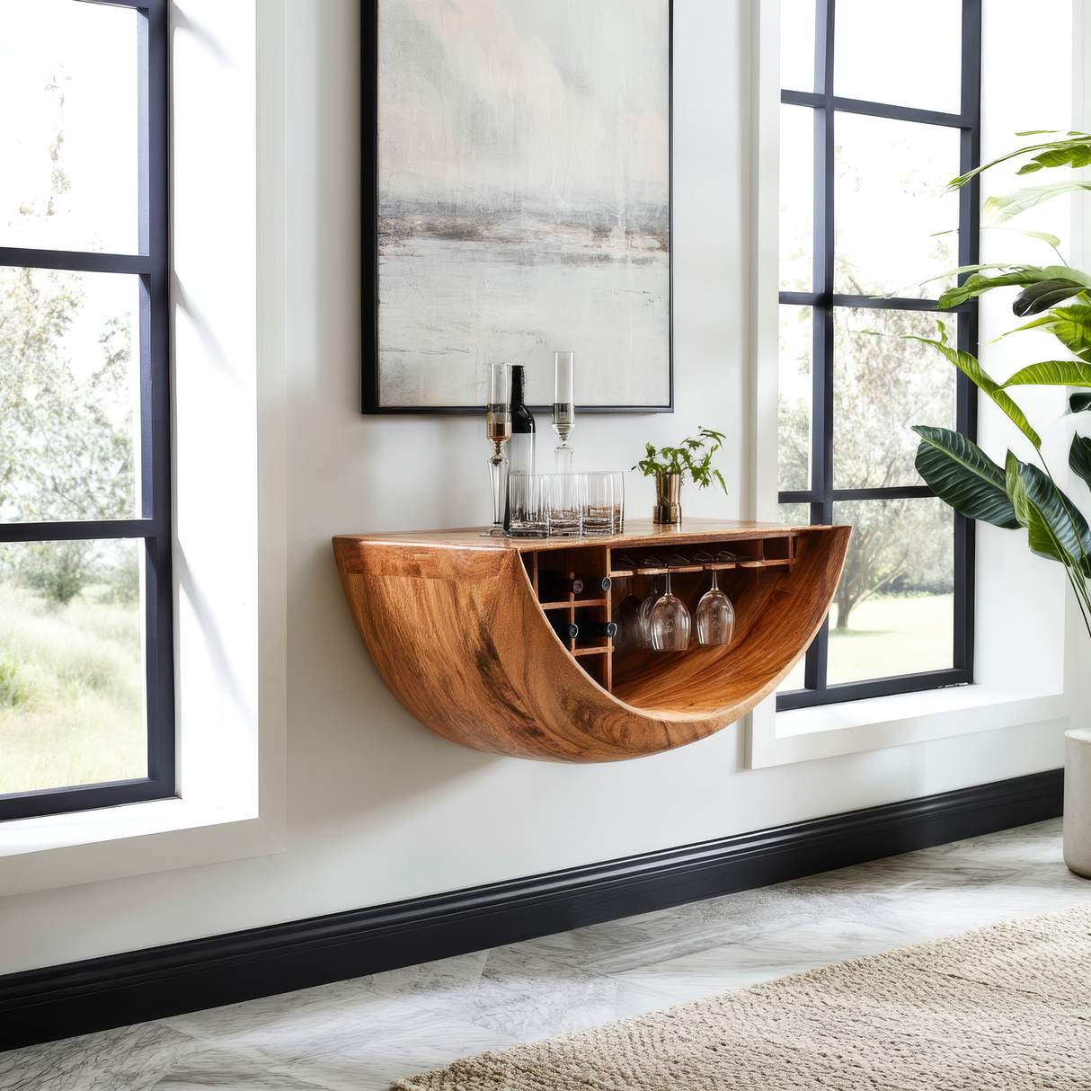 Lunareth Handcrafted Solid Wood Floating Bar Cabinet