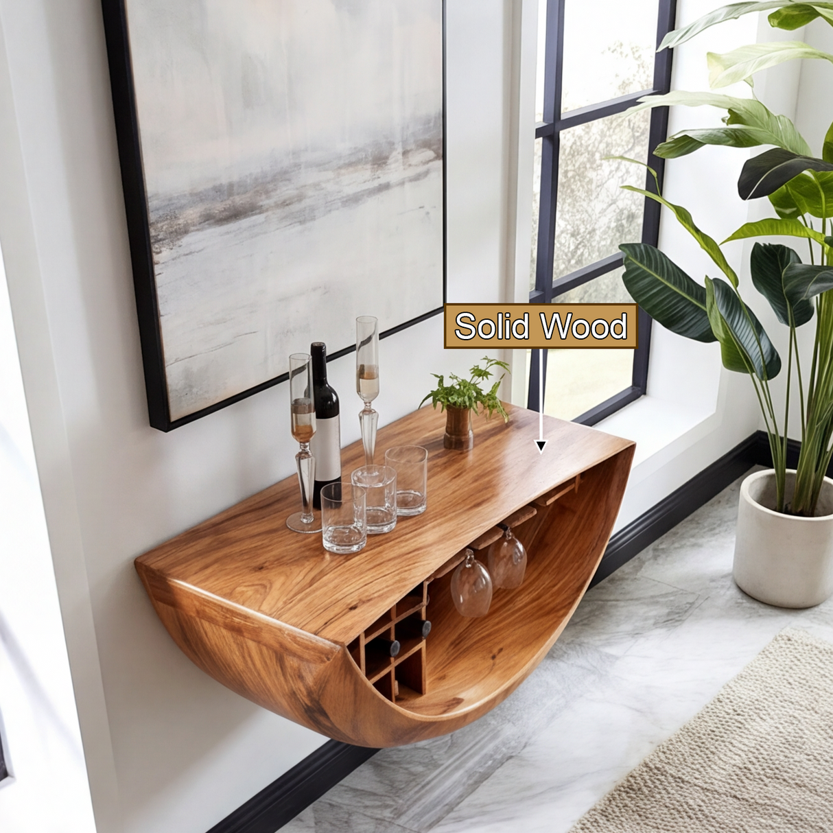 Lunareth Handcrafted Solid Wood Floating Bar Cabinet