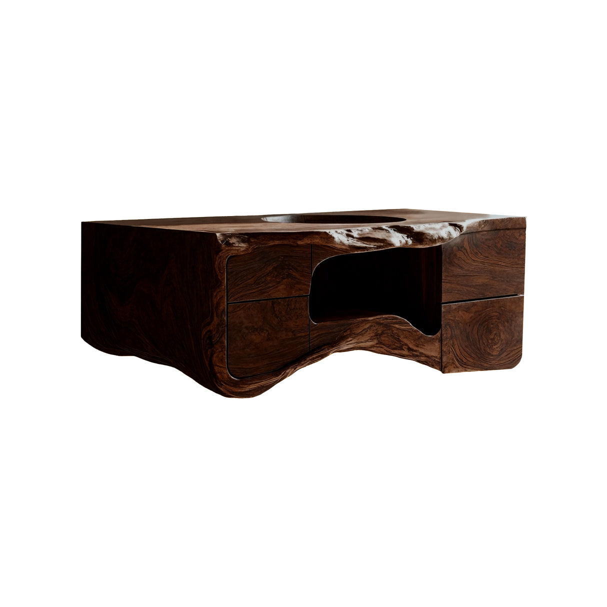 Lunaro Sculpted Solid Wood Floating Bathroom Vanity with Integrated Sink and Storage Dark Walnut - Timberustic Floating Bathroom Vanity with Integrated Sink and Open Storage