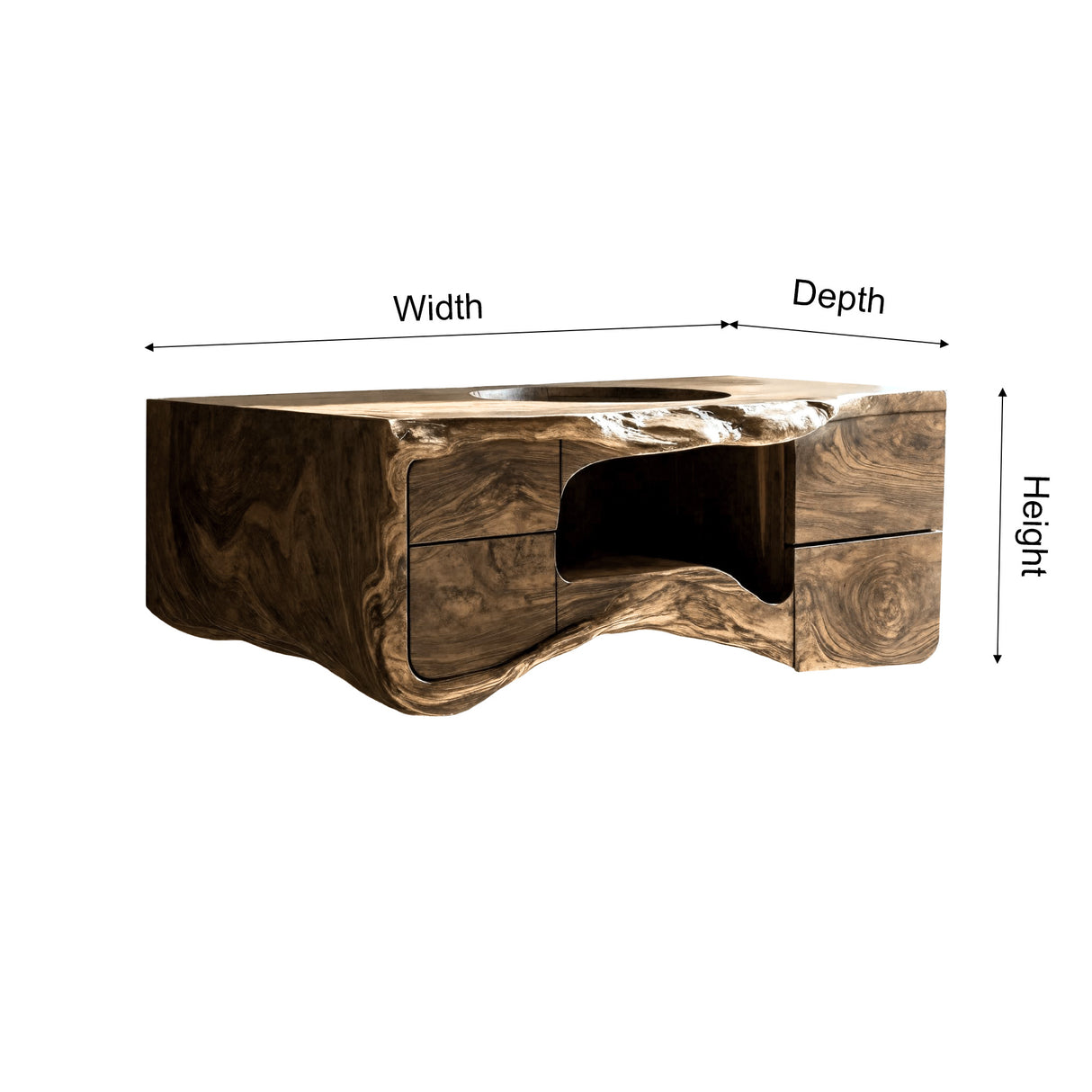 Lunaro Sculpted Solid Wood Floating Bathroom Vanity with Integrated Sink and Storage - Timberustic Floating Bathroom Vanity with Integrated Sink and Open Storage