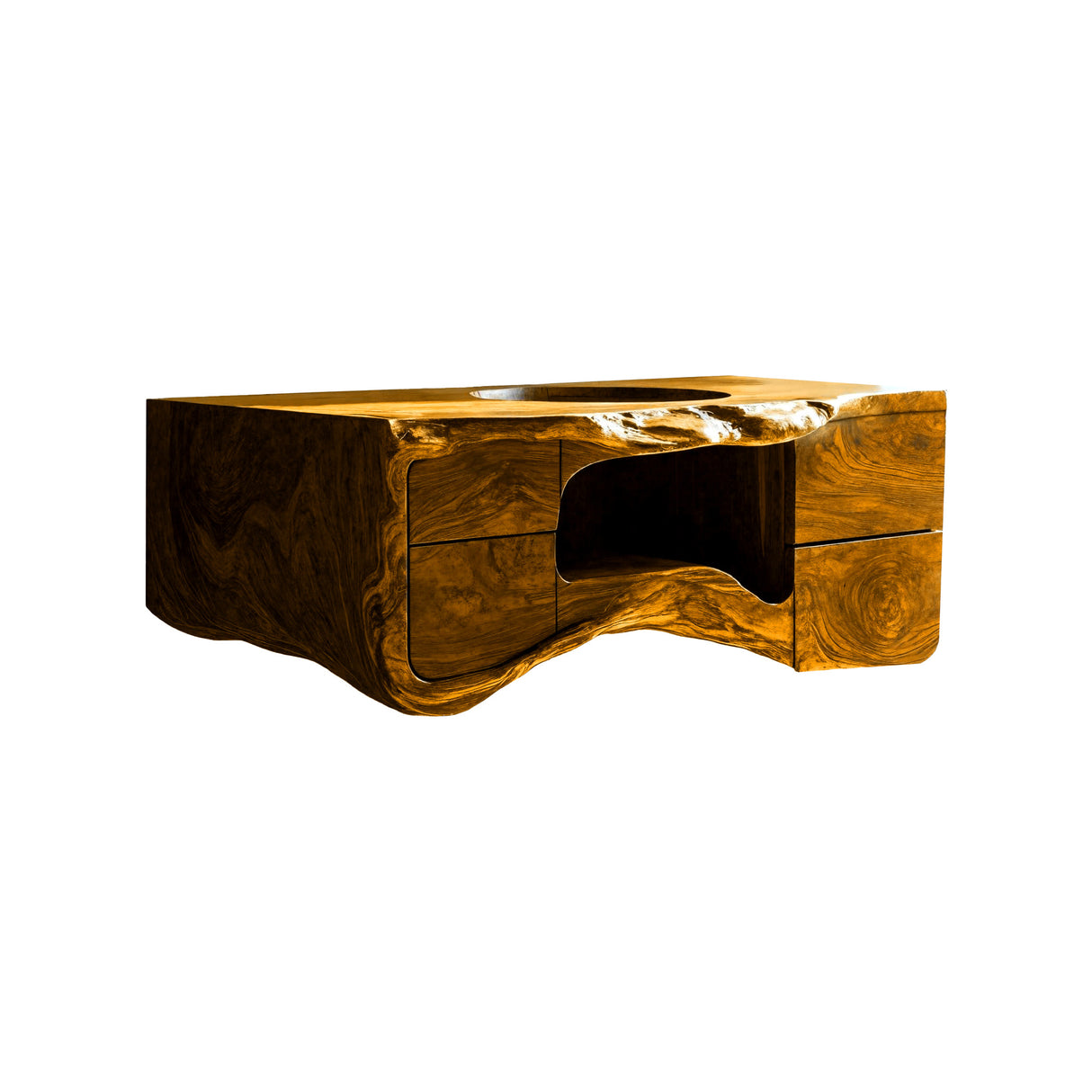 Lunaro Sculpted Solid Wood Floating Bathroom Vanity with Integrated Sink and Storage Teak - Timberustic Floating Bathroom Vanity with Integrated Sink and Open Storage