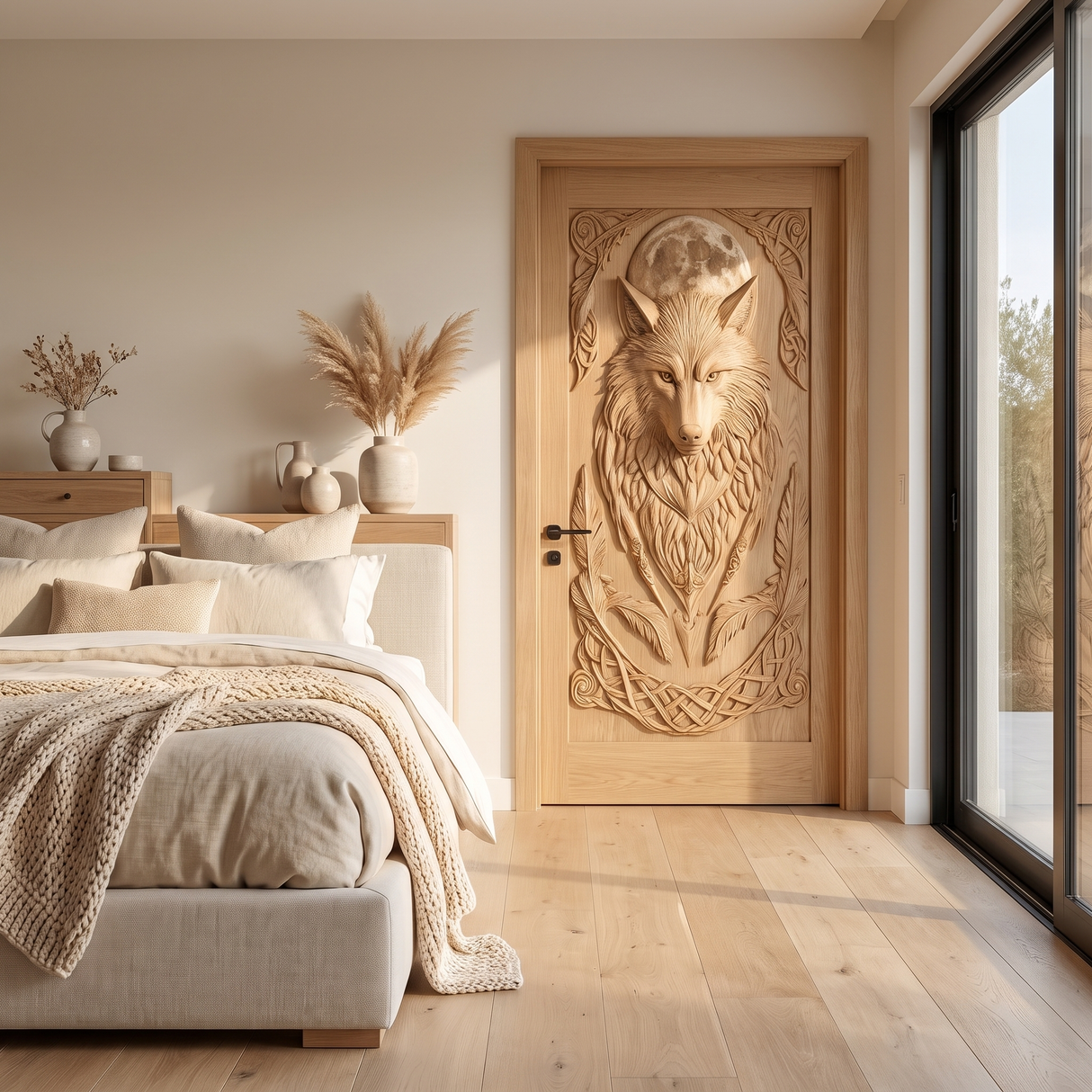 Lunawyr Handcrafted Solid Wood Wolf Single Door