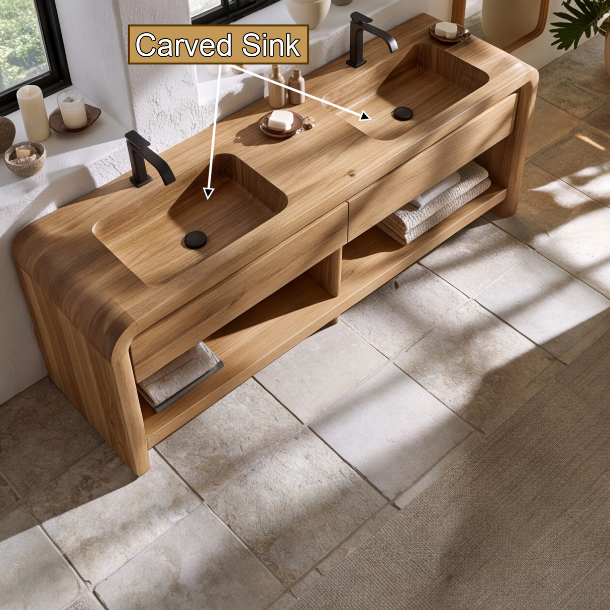 Lunoris Handcrafted Solid Wood Freestanding Bathroom Vanity with Integrated Sinks and Drawers