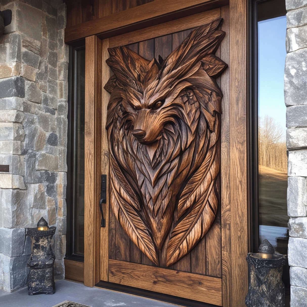 Lykaris Sculpted Solid Wood Wolf Crest Single Door